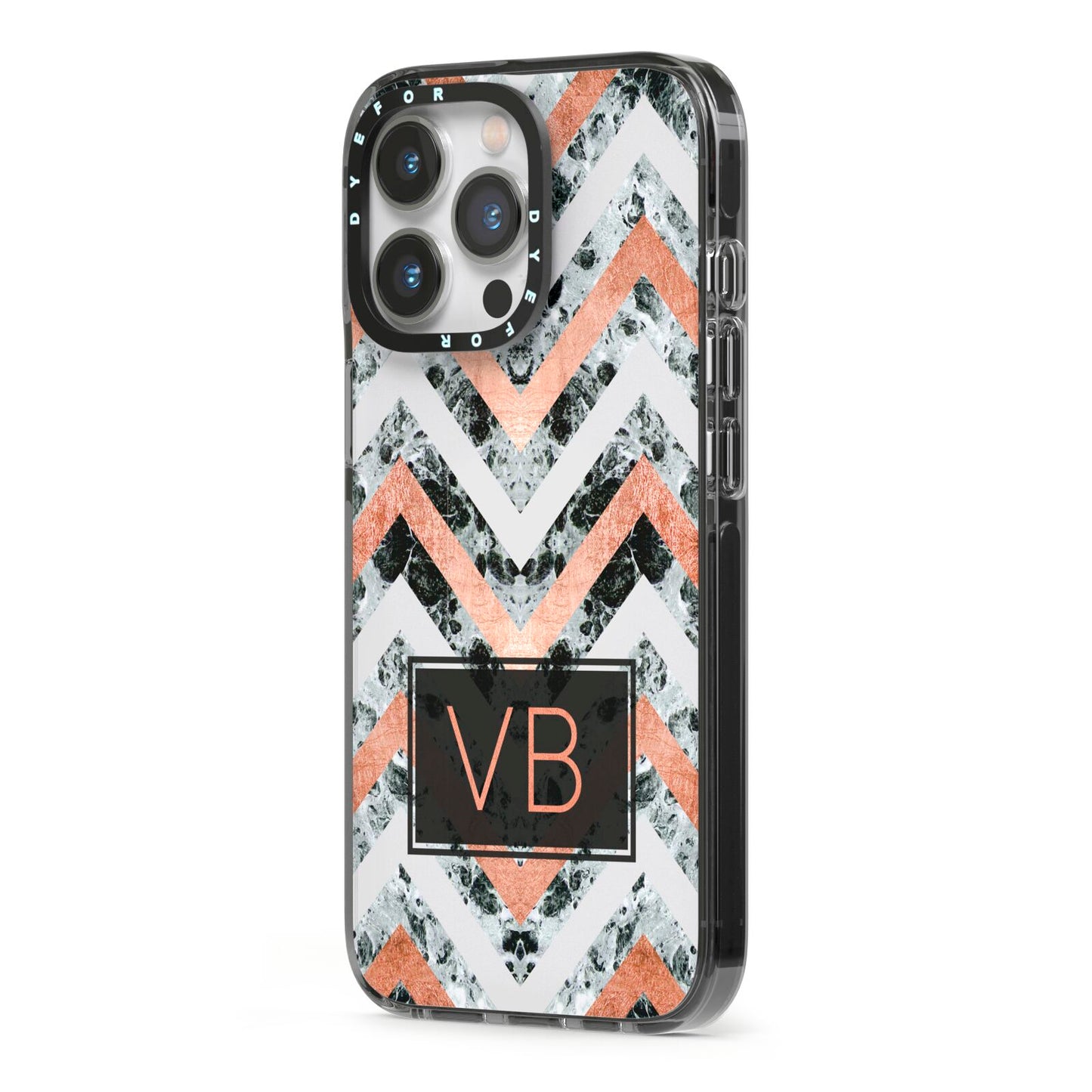 Personalised Chevron Marble Initials iPhone 13 Pro Black Impact Case Side Angle on Silver phone