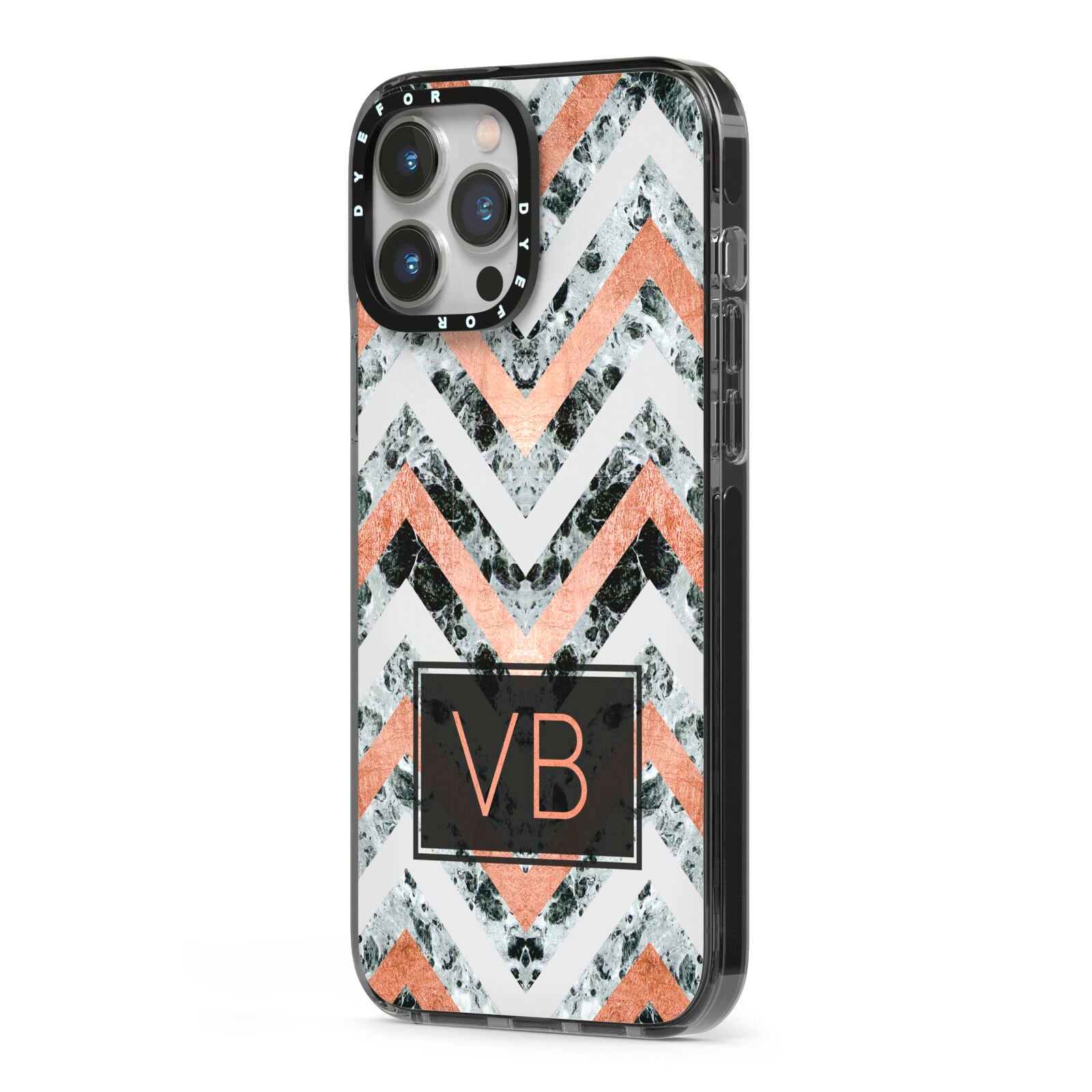 Personalised Chevron Marble Initials iPhone 13 Pro Max Black Impact Case Side Angle on Silver phone