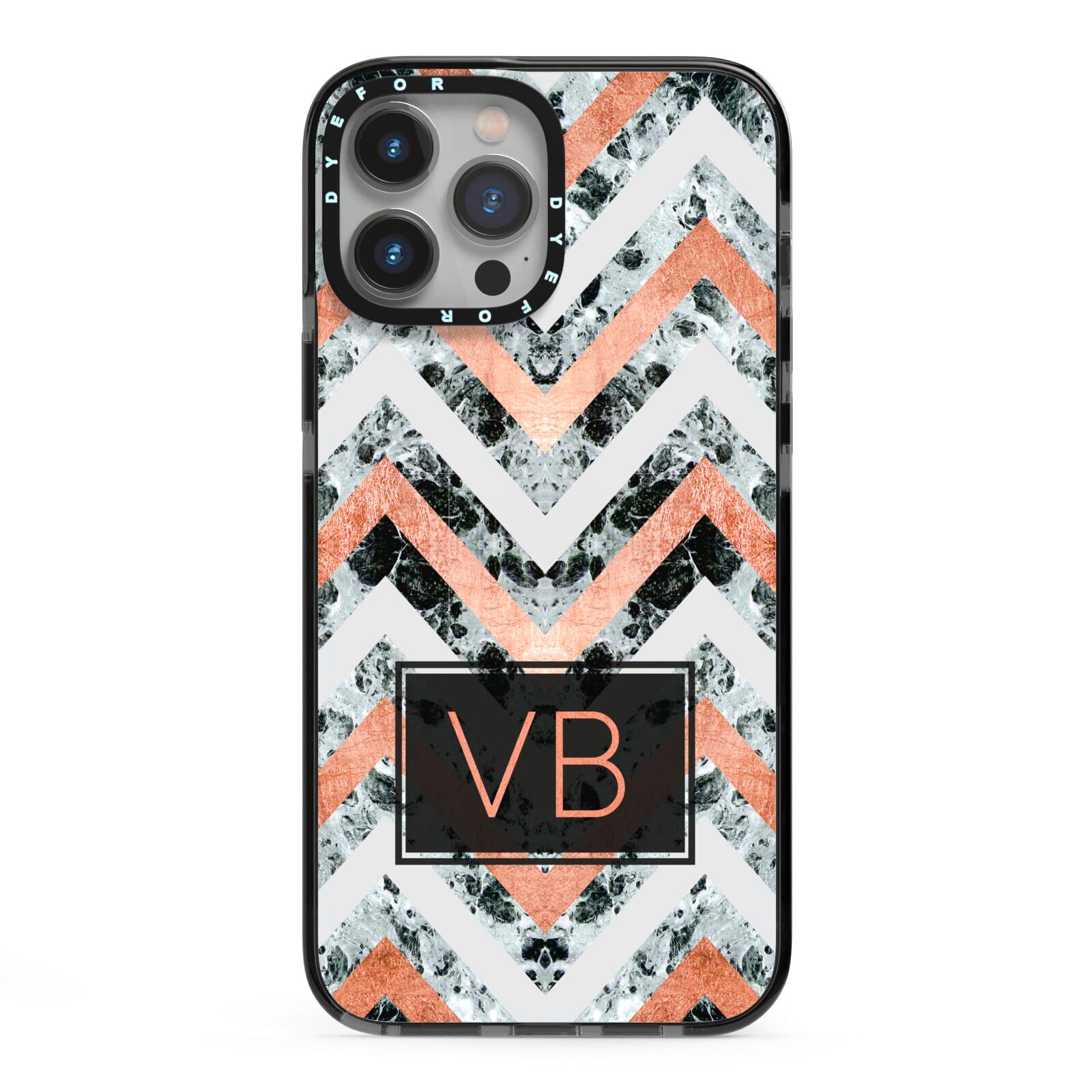 Personalised Chevron Marble Initials iPhone 13 Pro Max Black Impact Case on Silver phone