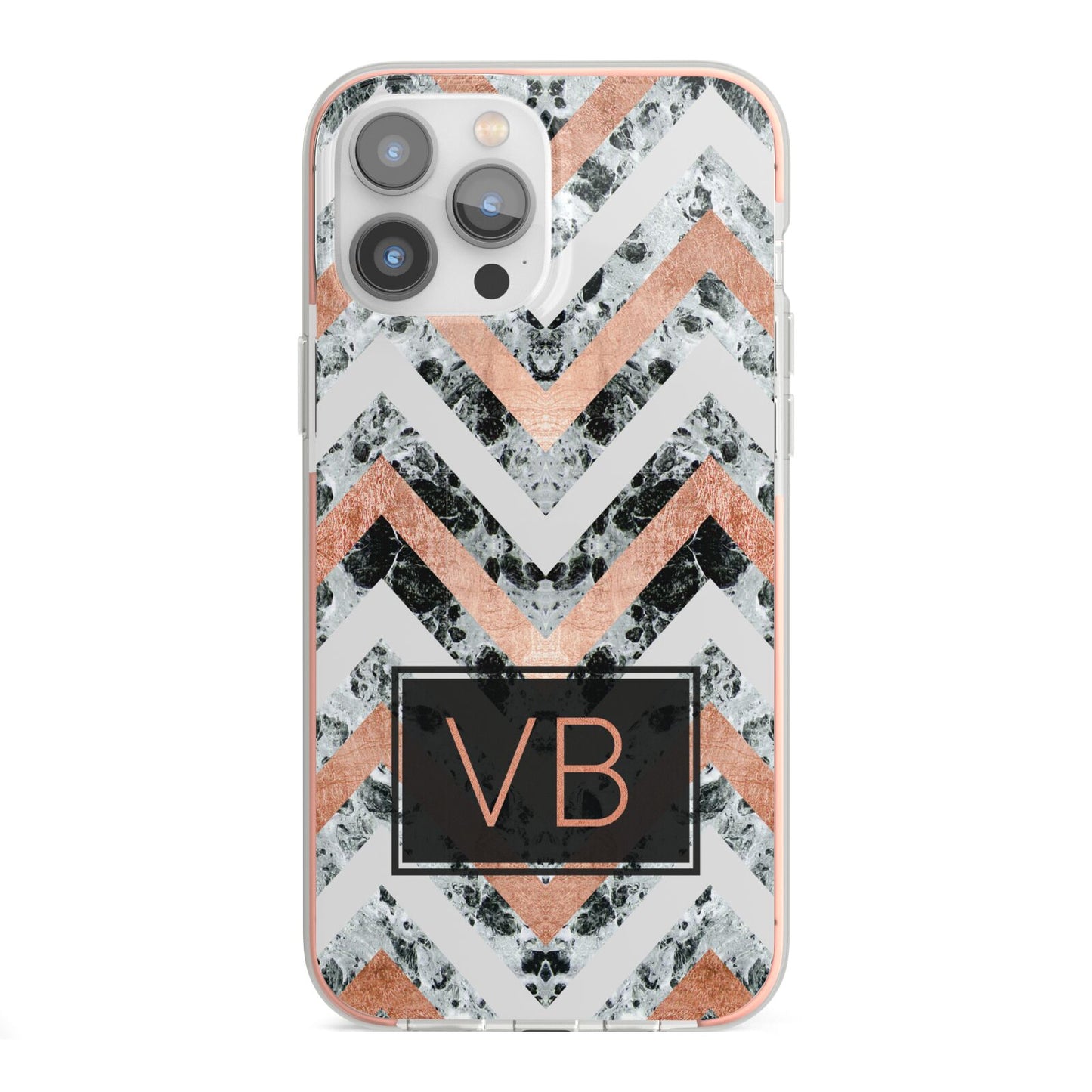 Personalised Chevron Marble Initials iPhone 13 Pro Max TPU Impact Case with Pink Edges