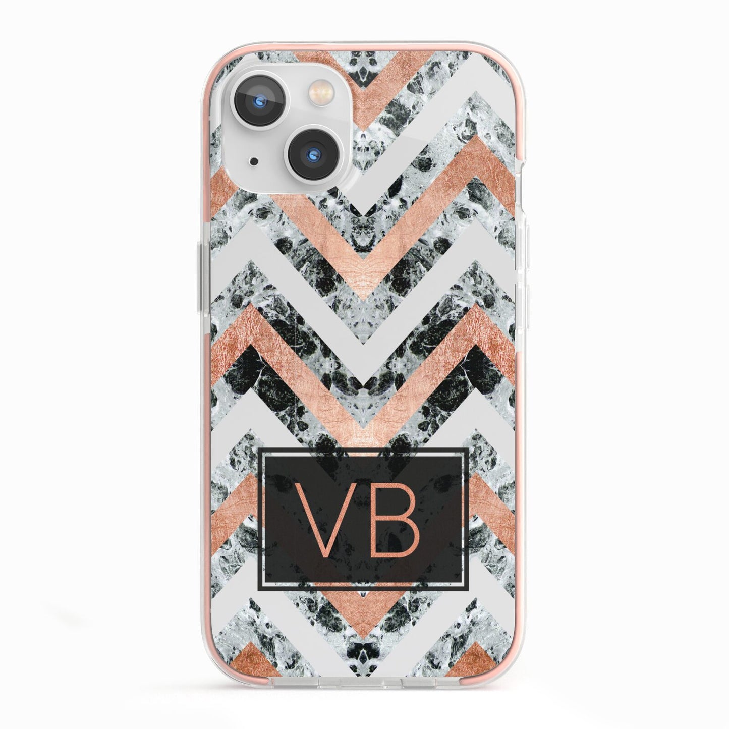 Personalised Chevron Marble Initials iPhone 13 TPU Impact Case with Pink Edges