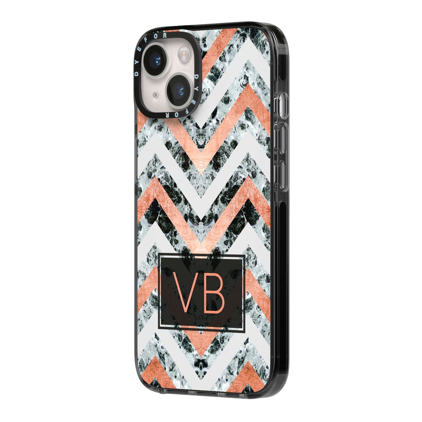 Personalised Chevron Marble Initials iPhone 14 Black Impact Case Side Angle on Silver phone