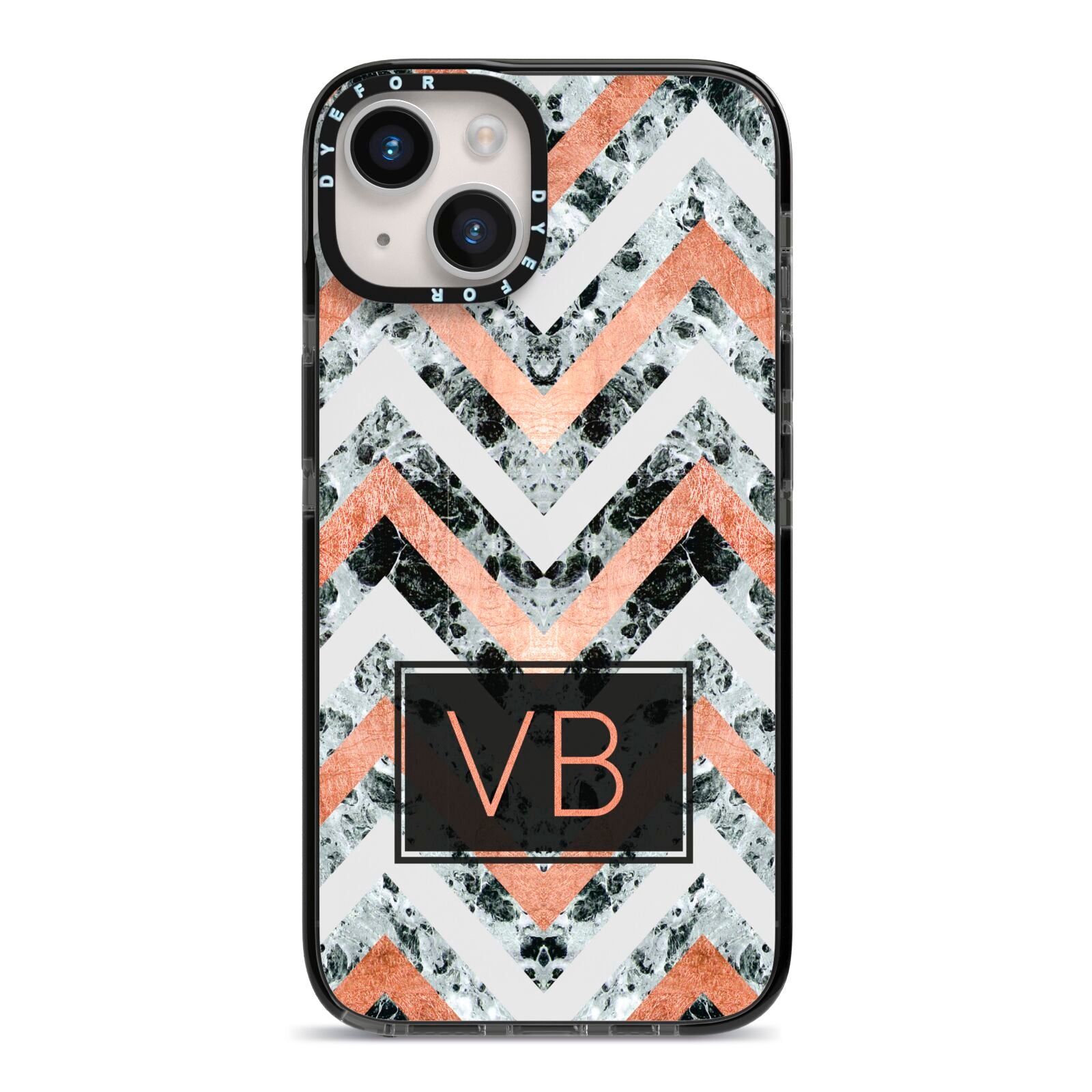 Personalised Chevron Marble Initials iPhone 14 Black Impact Case on Silver phone