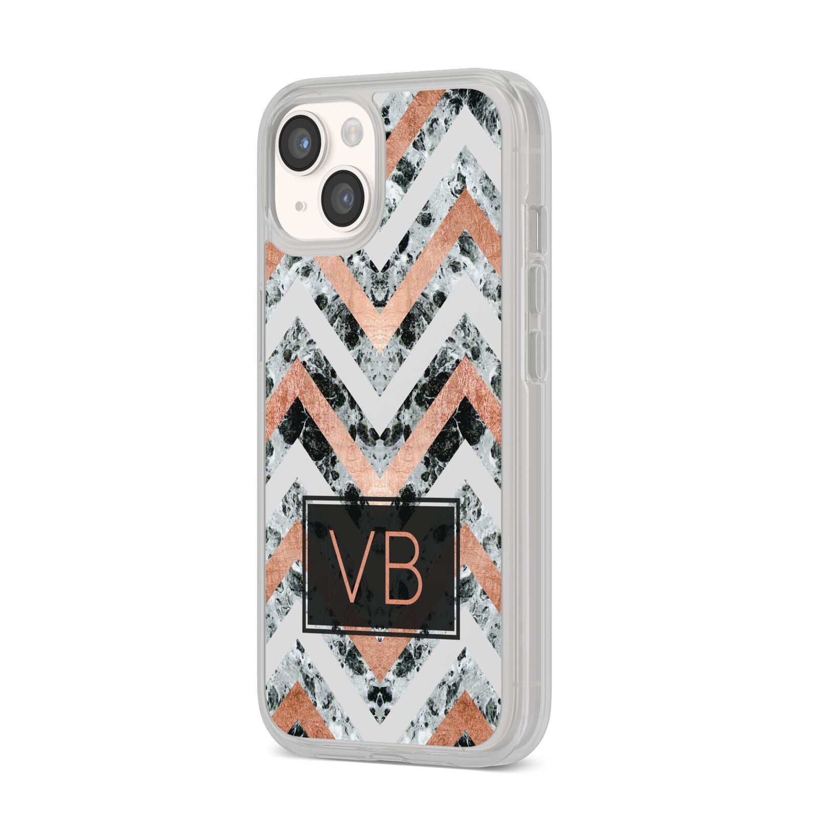 Personalised Chevron Marble Initials iPhone 14 Clear Tough Case Starlight Angled Image