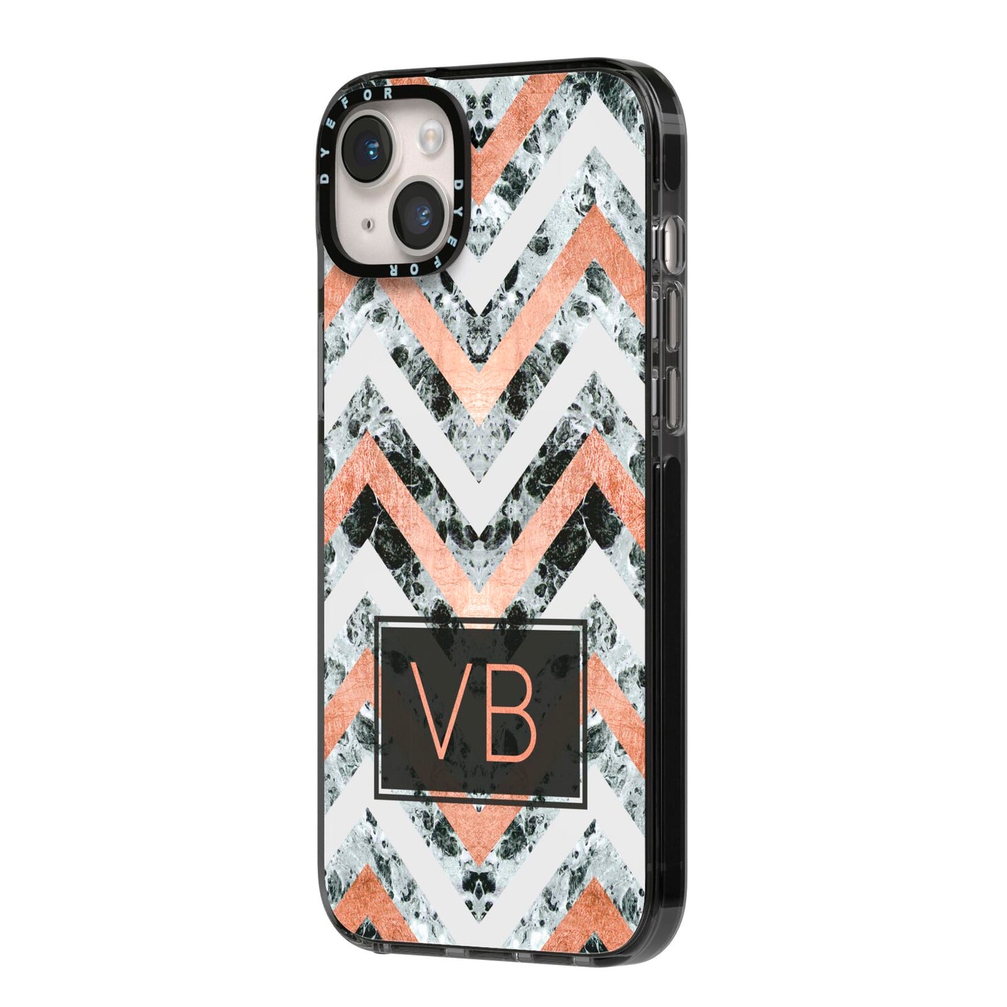 Personalised Chevron Marble Initials iPhone 14 Plus Black Impact Case Side Angle on Silver phone