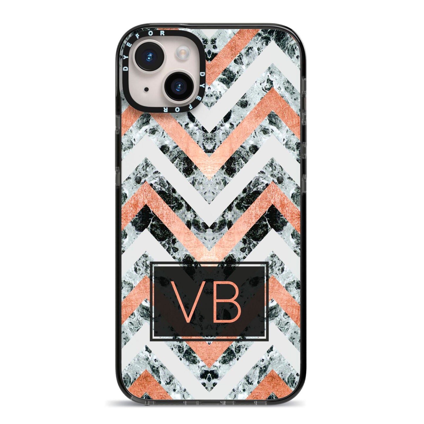 Personalised Chevron Marble Initials iPhone 14 Plus Black Impact Case on Silver phone