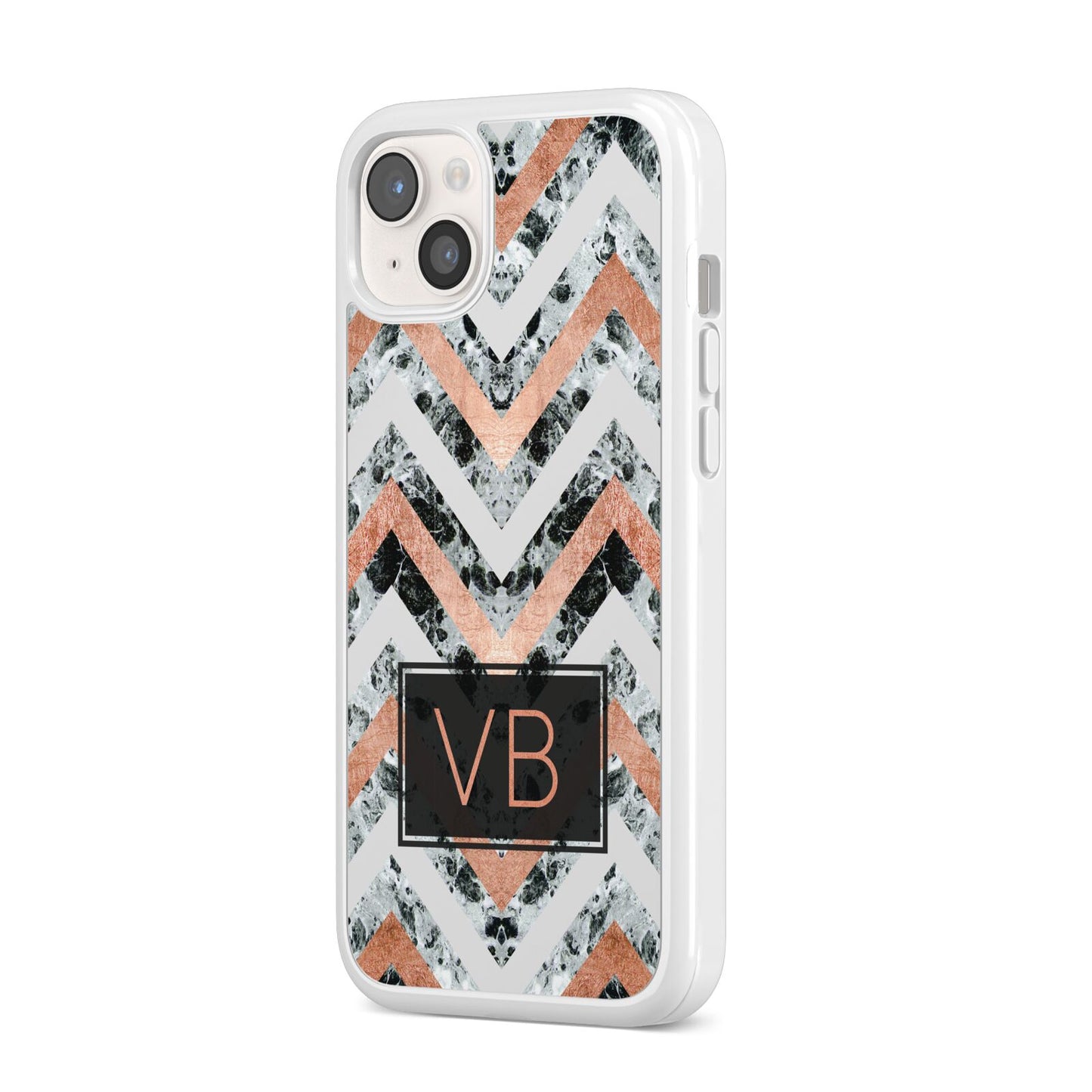 Personalised Chevron Marble Initials iPhone 14 Plus Clear Tough Case Starlight Angled Image