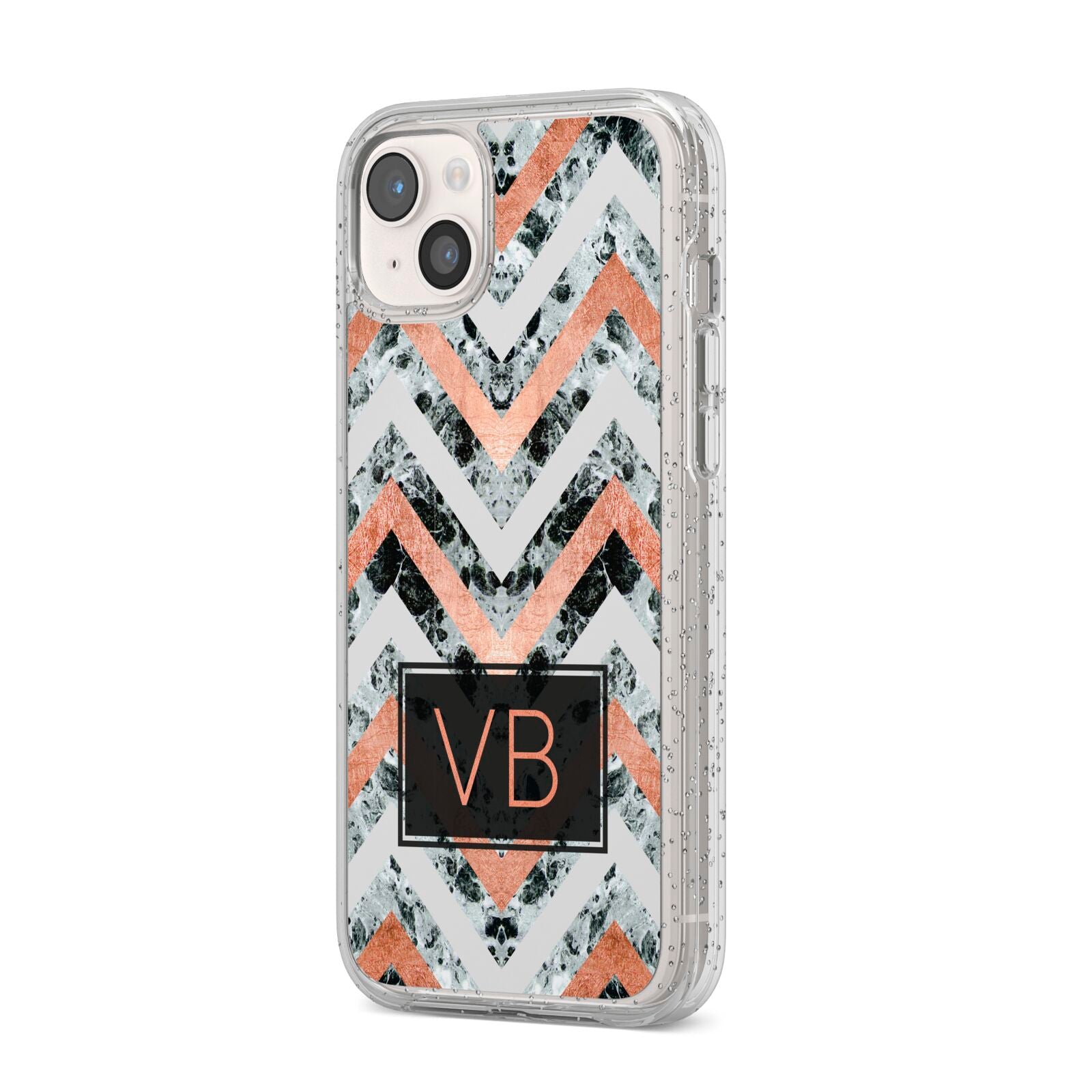 Personalised Chevron Marble Initials iPhone 14 Plus Glitter Tough Case Starlight Angled Image