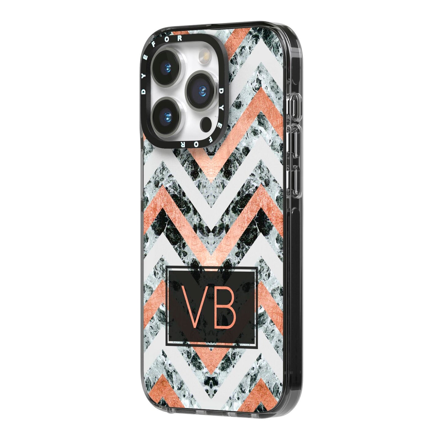 Personalised Chevron Marble Initials iPhone 14 Pro Black Impact Case Side Angle on Silver phone