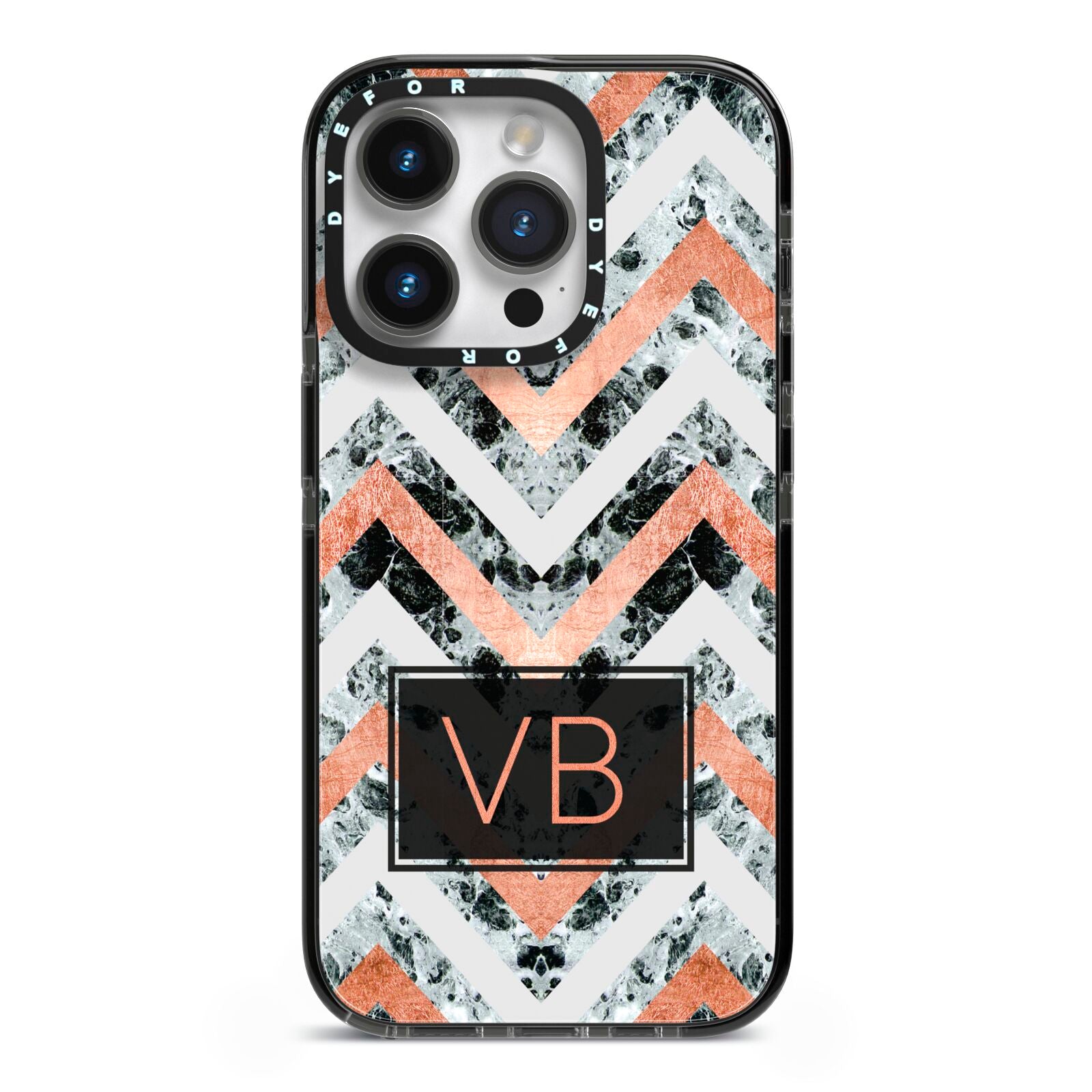 Personalised Chevron Marble Initials iPhone 14 Pro Black Impact Case on Silver phone