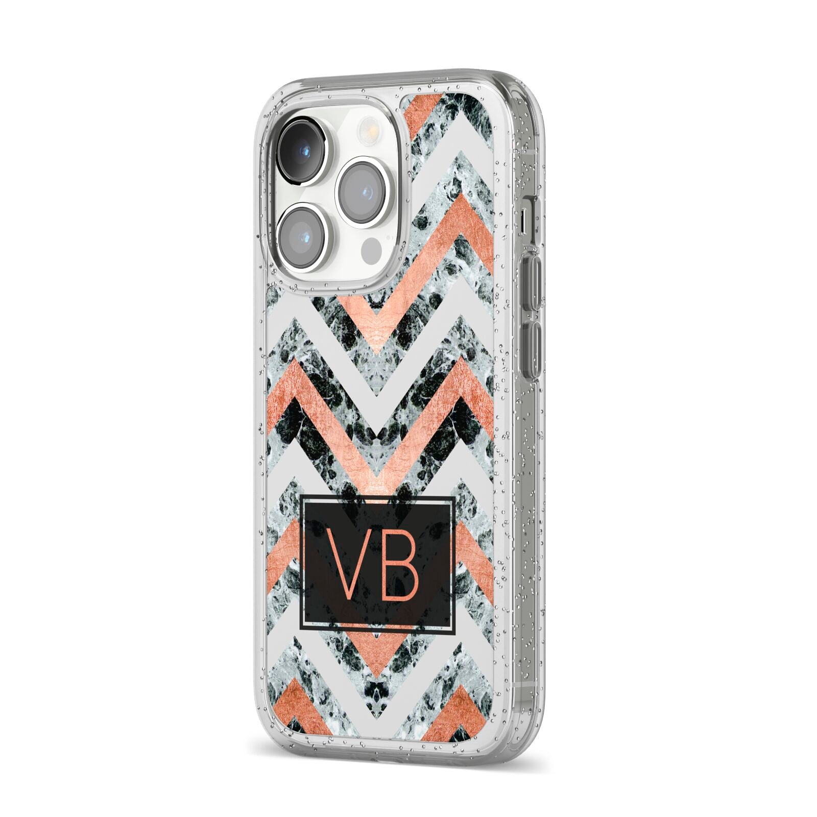 Personalised Chevron Marble Initials iPhone 14 Pro Glitter Tough Case Silver Angled Image