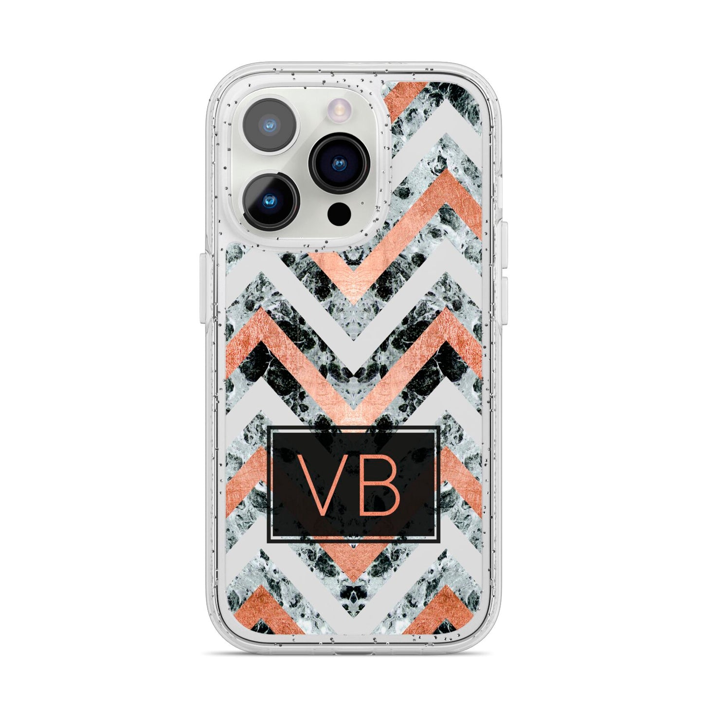 Personalised Chevron Marble Initials iPhone 14 Pro Glitter Tough Case Silver