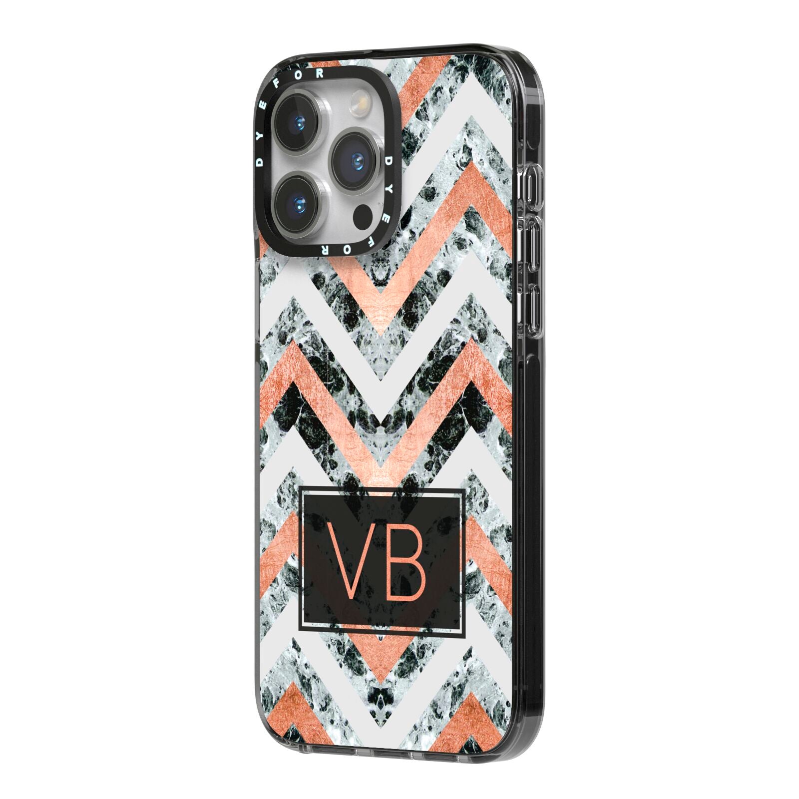 Personalised Chevron Marble Initials iPhone 14 Pro Max Black Impact Case Side Angle on Silver phone