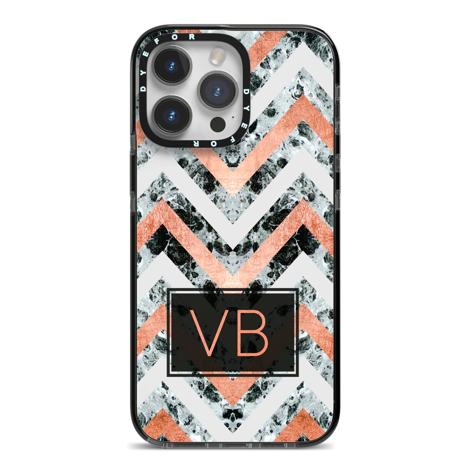 Personalised Chevron Marble Initials iPhone 14 Pro Max Black Impact Case on Silver phone