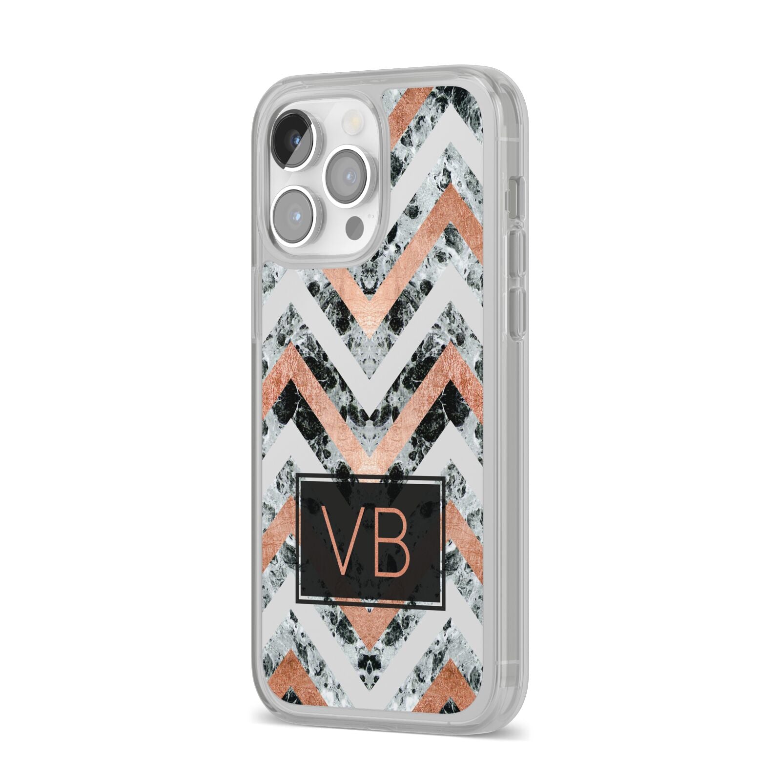 Personalised Chevron Marble Initials iPhone 14 Pro Max Clear Tough Case Silver Angled Image