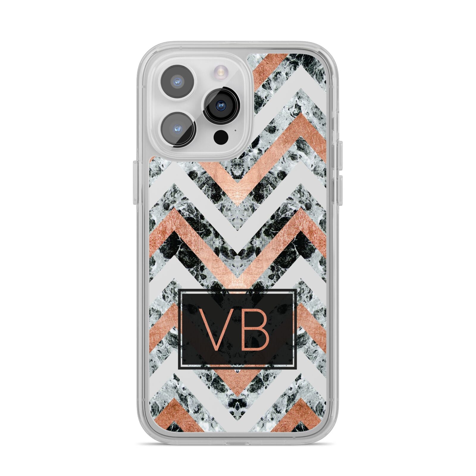 Personalised Chevron Marble Initials iPhone 14 Pro Max Clear Tough Case Silver