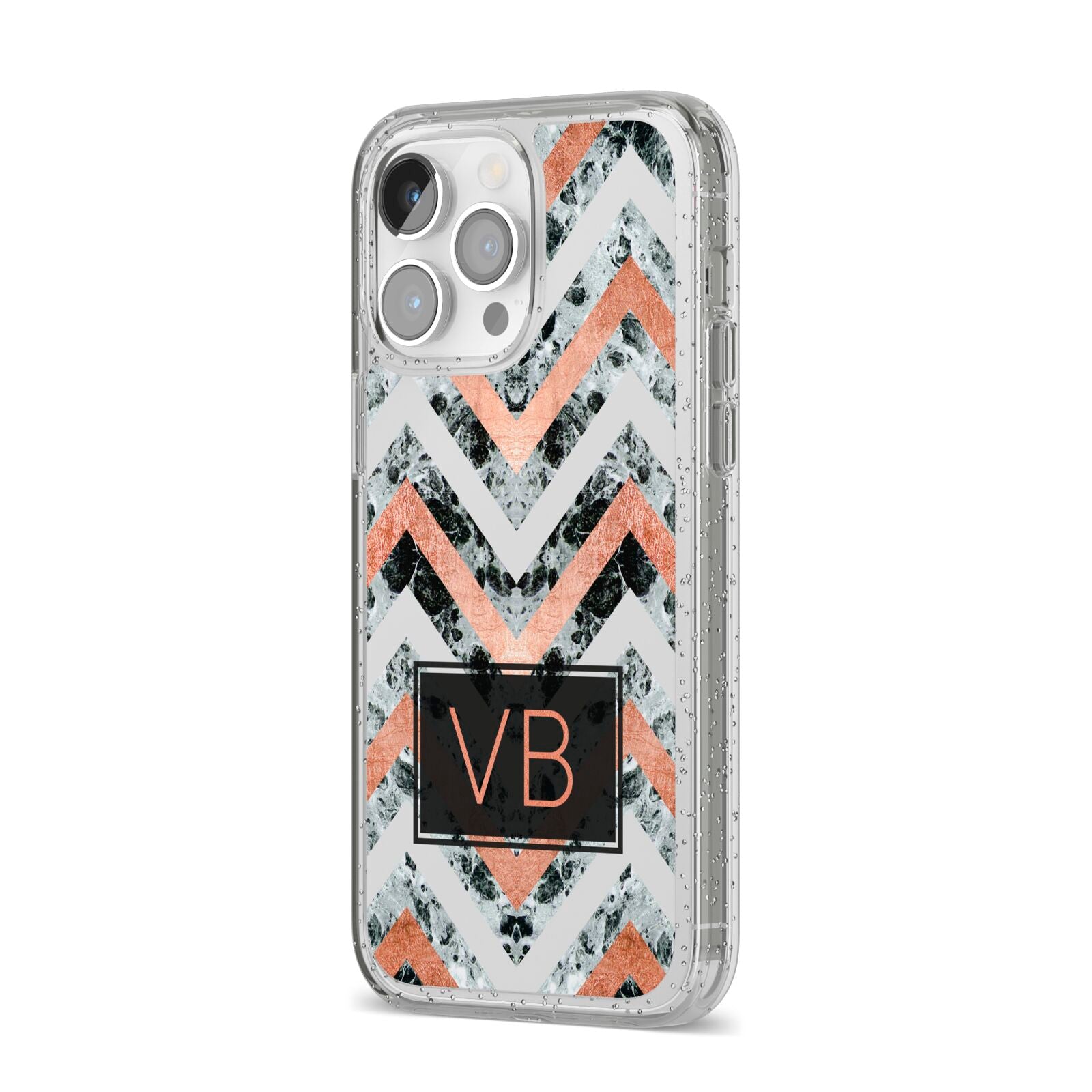 Personalised Chevron Marble Initials iPhone 14 Pro Max Glitter Tough Case Silver Angled Image