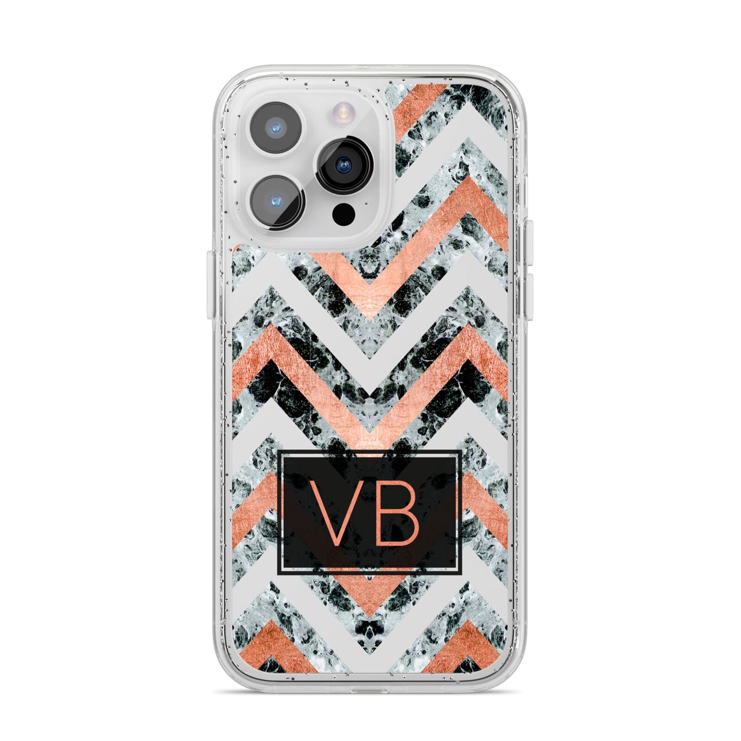 Personalised Chevron Marble Initials iPhone 14 Pro Max Glitter Tough Case Silver