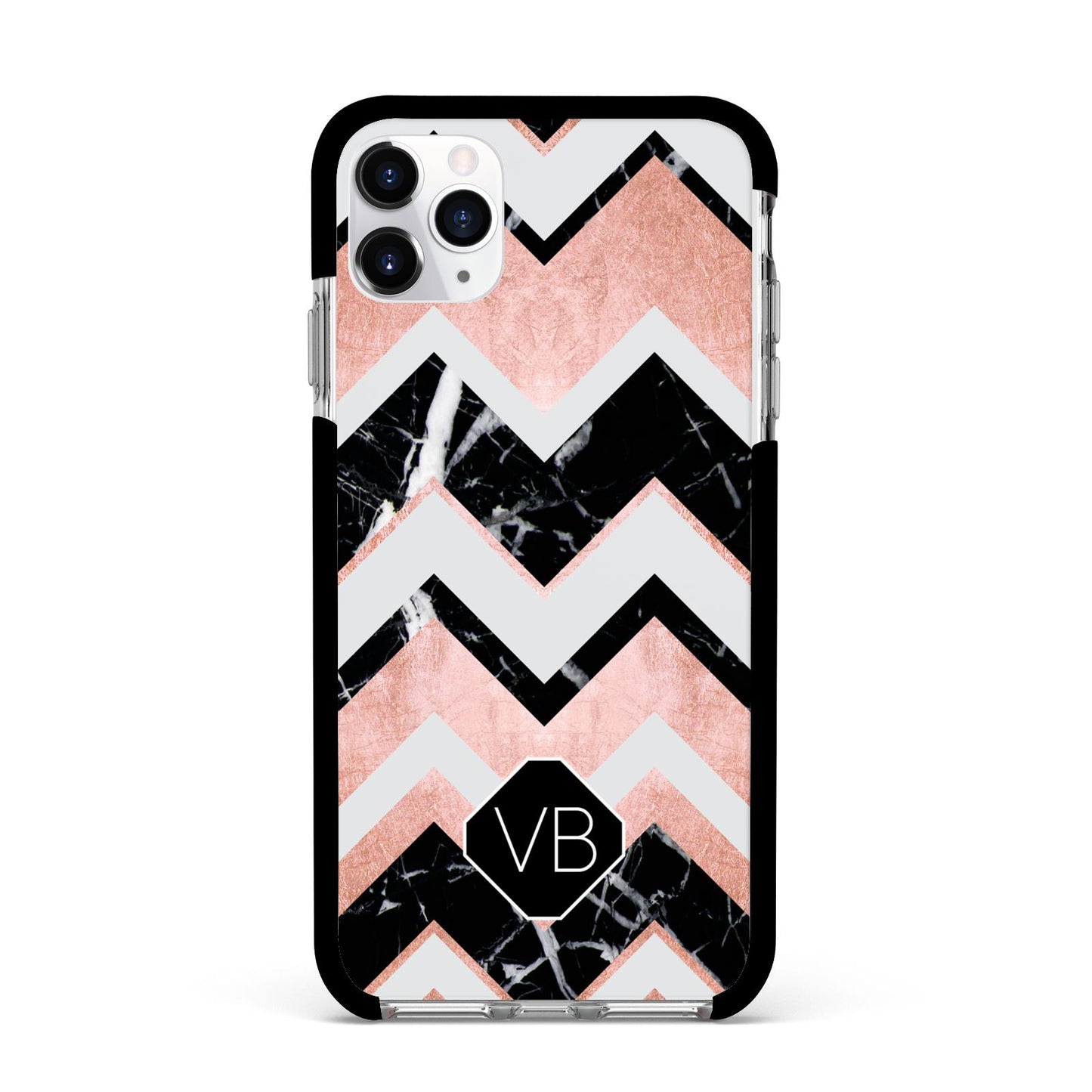 Personalised Chevron Marbled Initials Apple iPhone 11 Pro Max in Silver with Black Impact Case