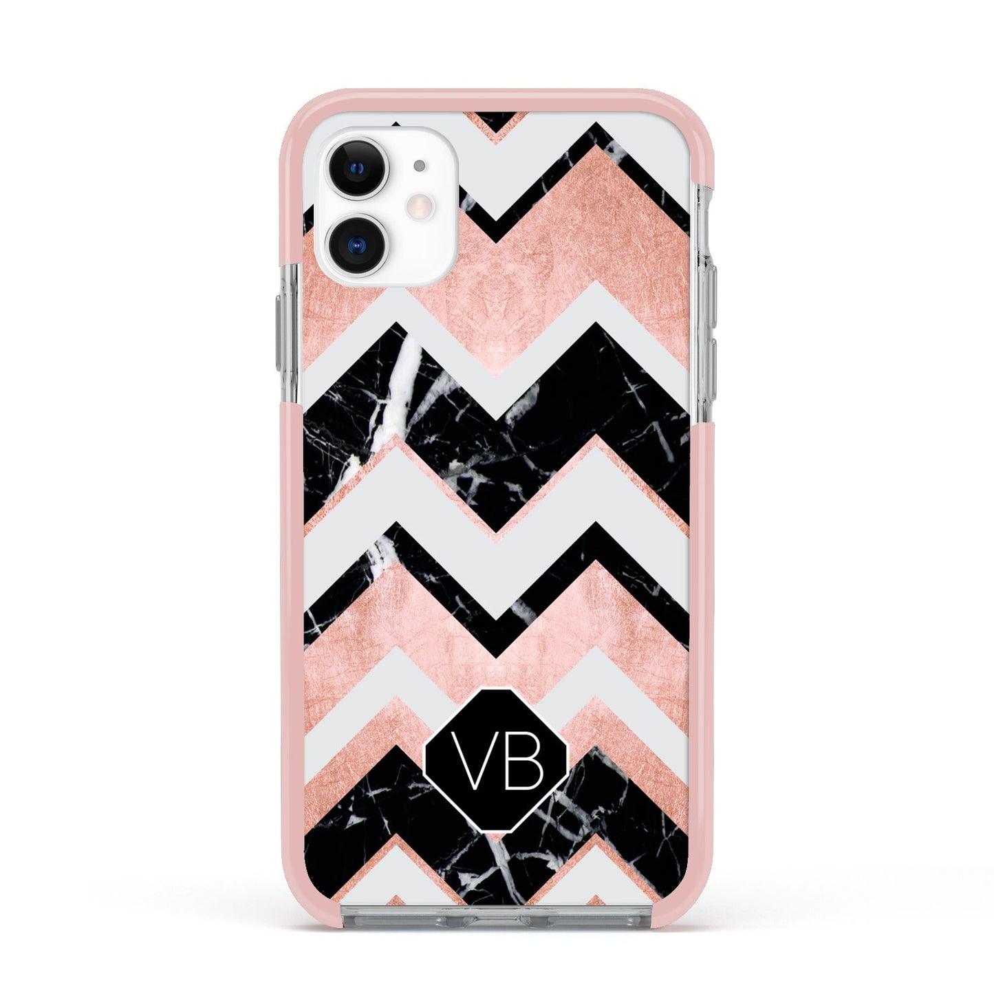 Personalised Chevron Marbled Initials Apple iPhone 11 in White with Pink Impact Case