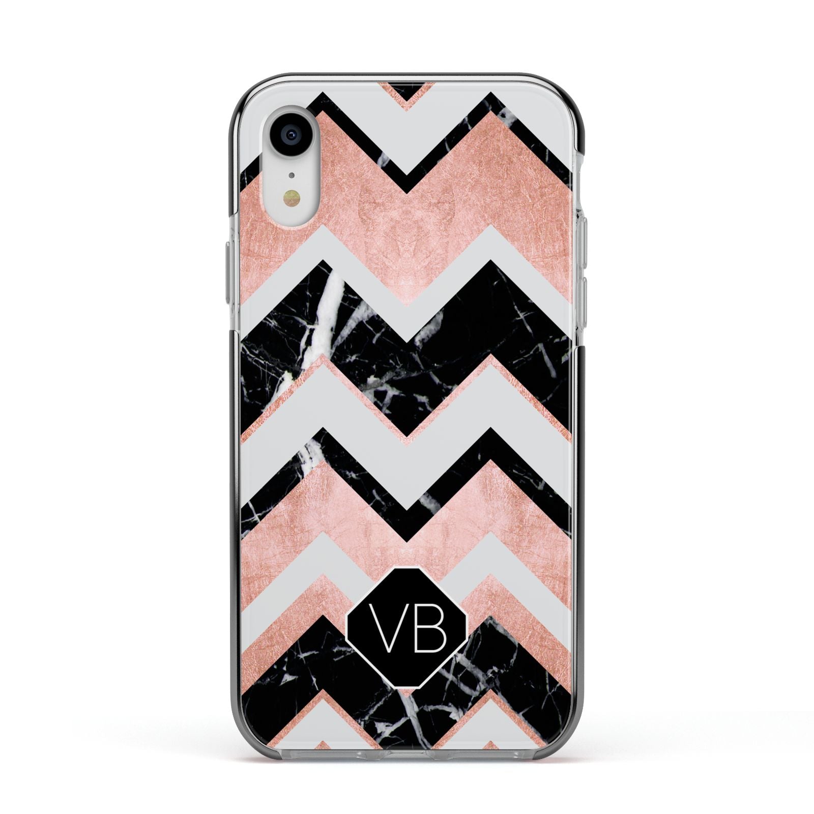 Personalised Chevron Marbled Initials Apple iPhone XR Impact Case Black Edge on Silver Phone