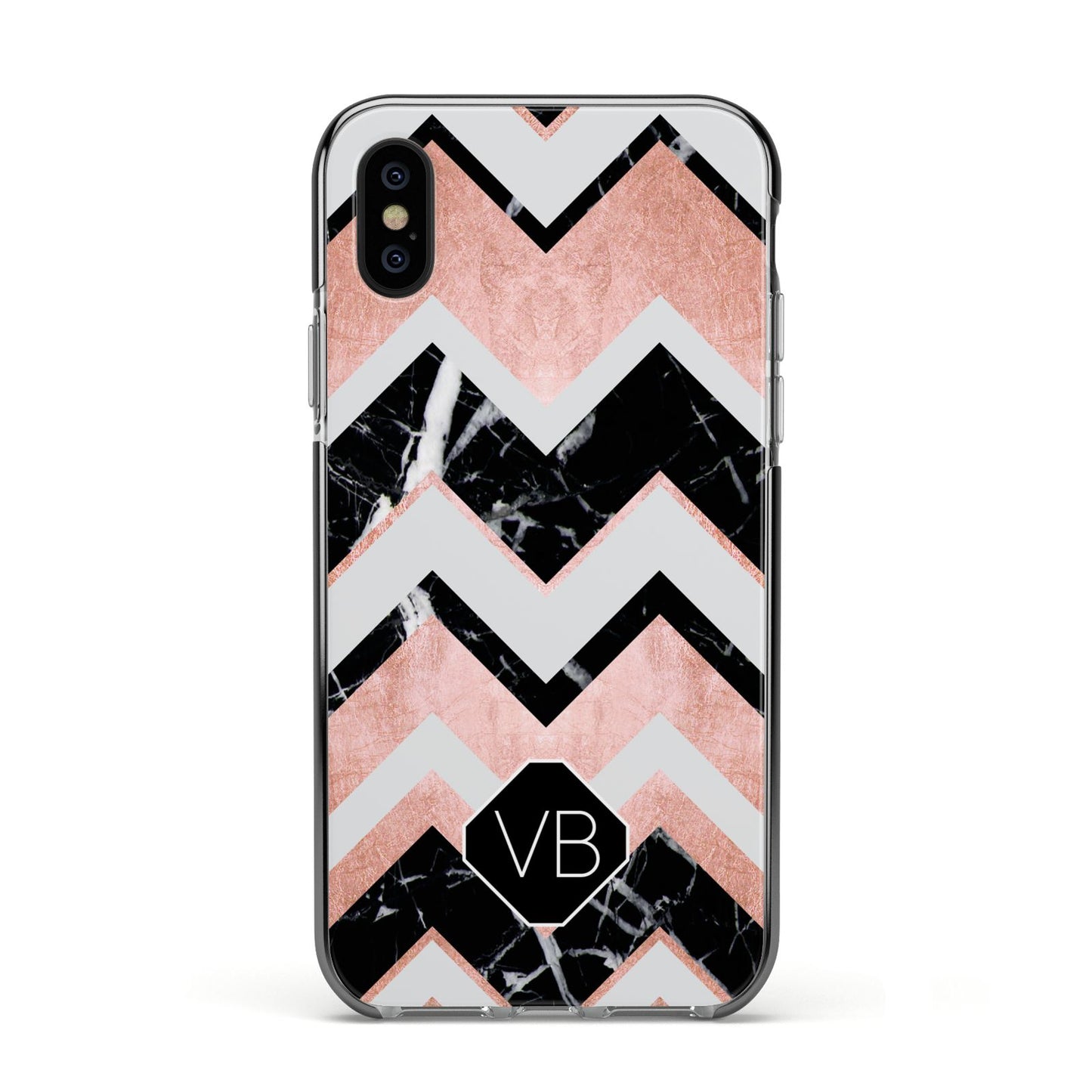 Personalised Chevron Marbled Initials Apple iPhone Xs Impact Case Black Edge on Black Phone