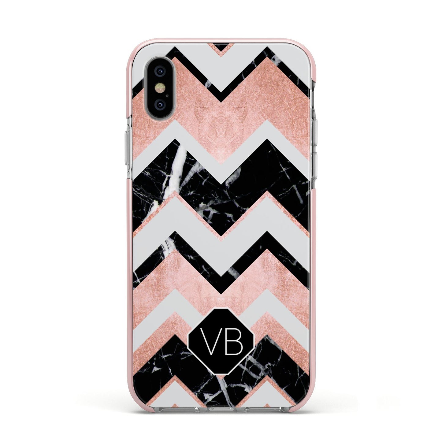 Personalised Chevron Marbled Initials Apple iPhone Xs Impact Case Pink Edge on Silver Phone