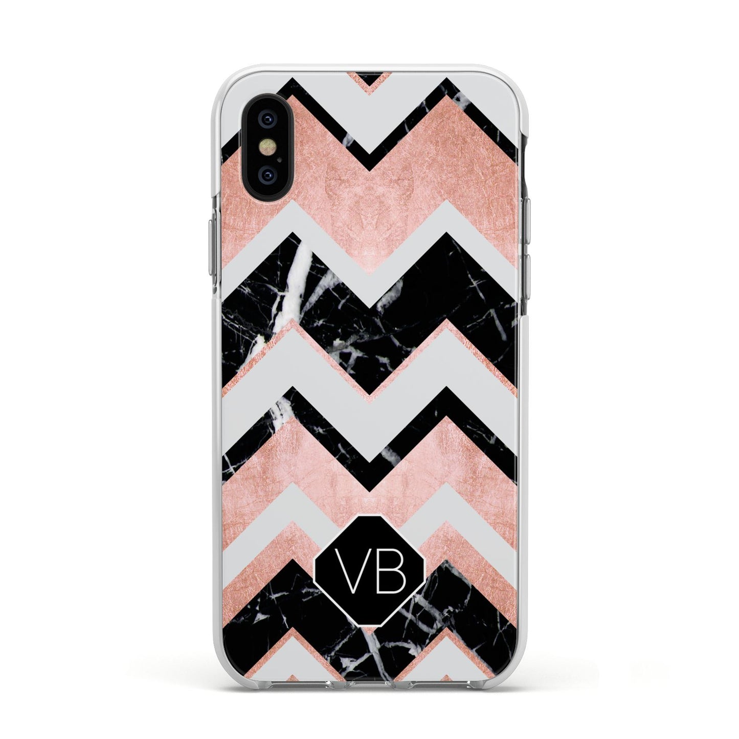 Personalised Chevron Marbled Initials Apple iPhone Xs Impact Case White Edge on Black Phone