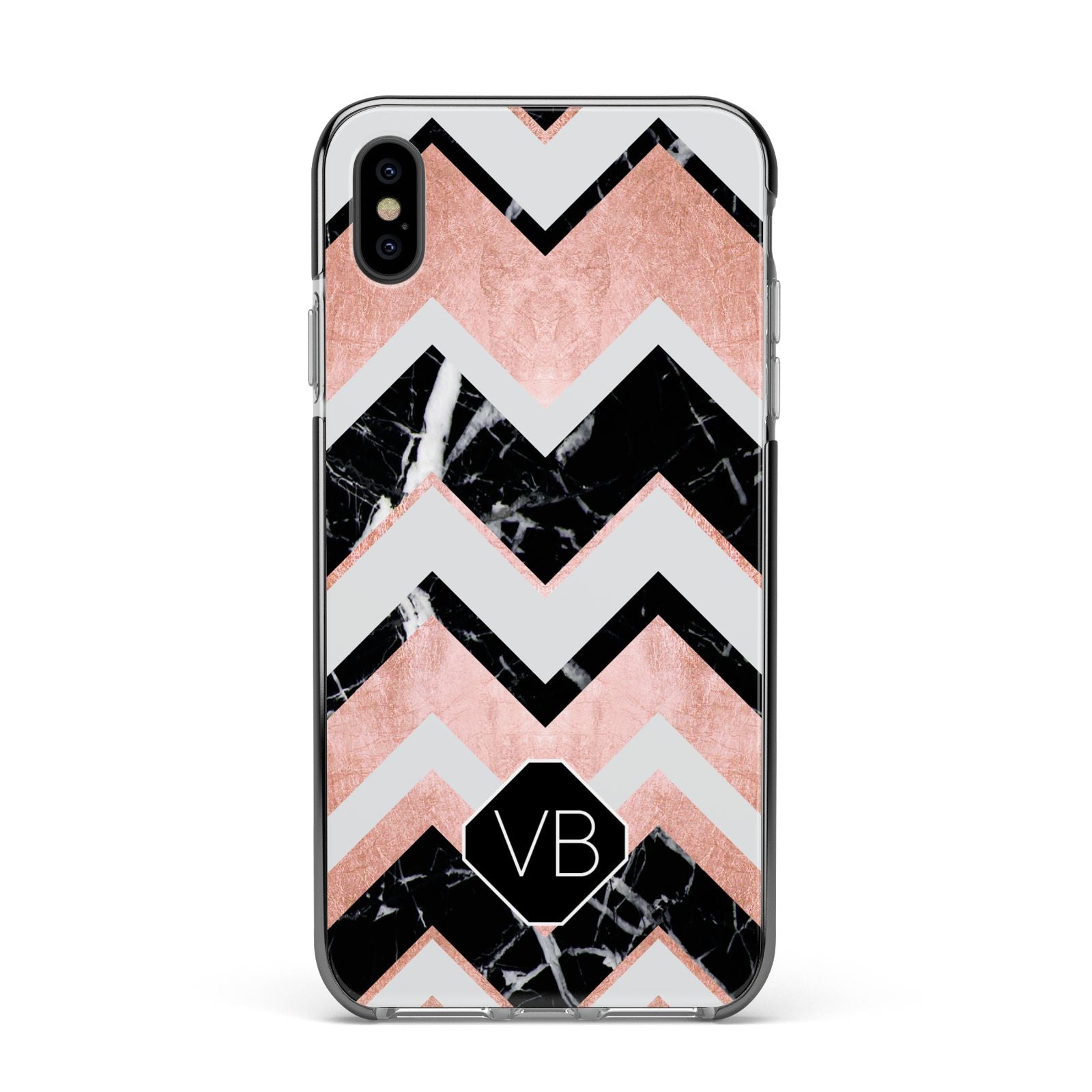 Personalised Chevron Marbled Initials Apple iPhone Xs Max Impact Case Black Edge on Black Phone