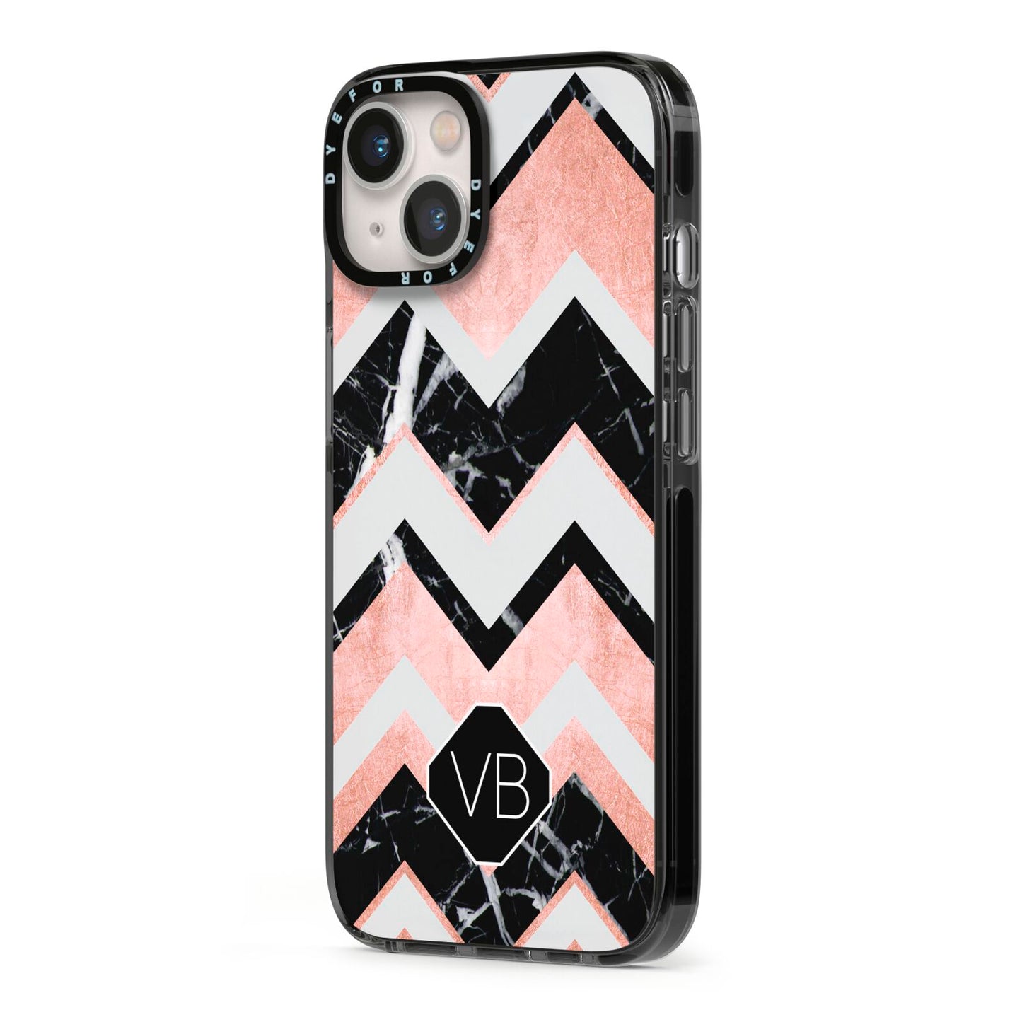 Personalised Chevron Marbled Initials iPhone 13 Black Impact Case Side Angle on Silver phone