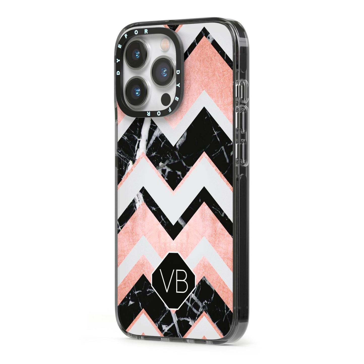 Personalised Chevron Marbled Initials iPhone 13 Pro Black Impact Case Side Angle on Silver phone