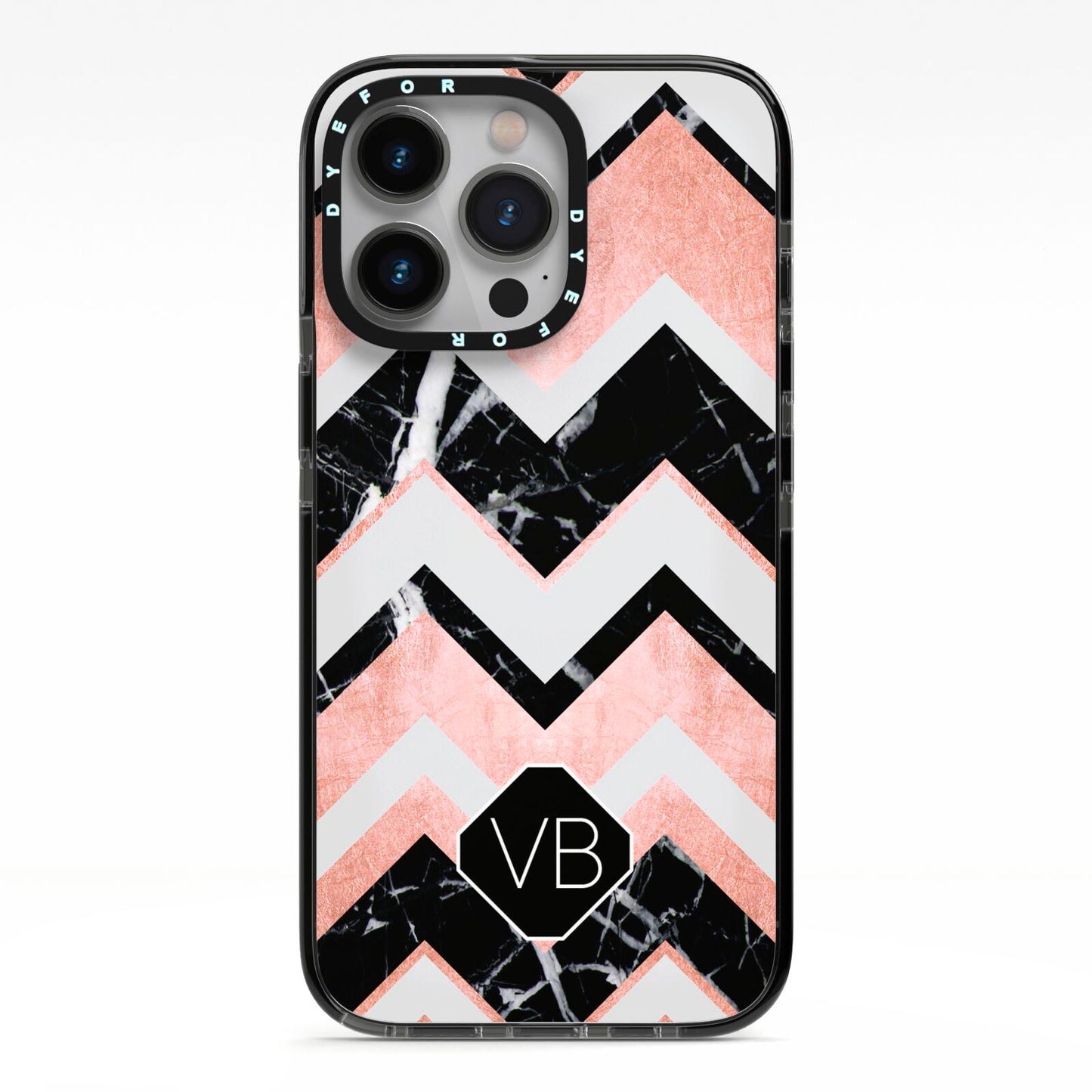 Personalised Chevron Marbled Initials iPhone 13 Pro Black Impact Case on Silver phone