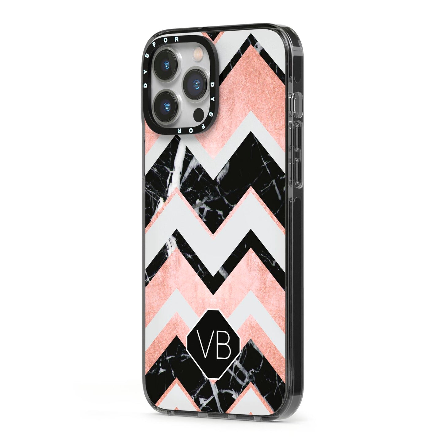 Personalised Chevron Marbled Initials iPhone 13 Pro Max Black Impact Case Side Angle on Silver phone