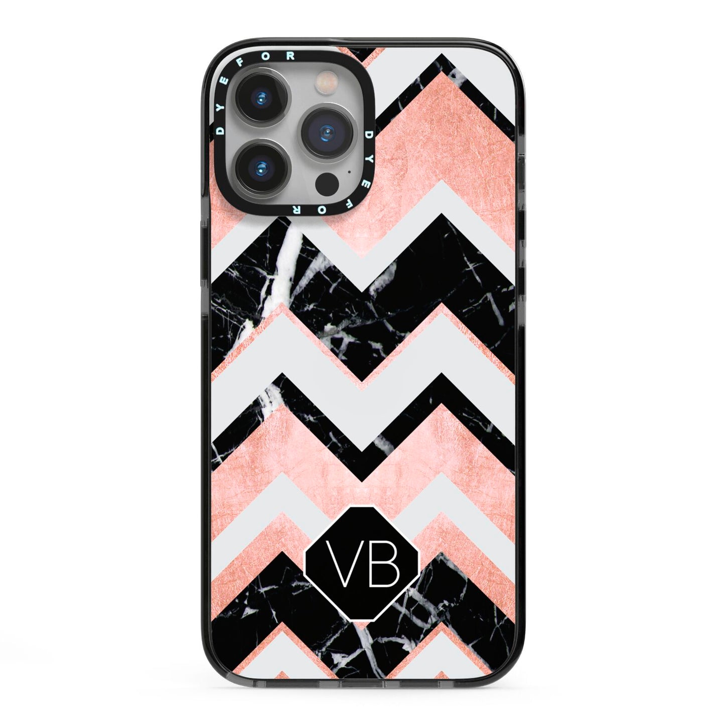 Personalised Chevron Marbled Initials iPhone 13 Pro Max Black Impact Case on Silver phone