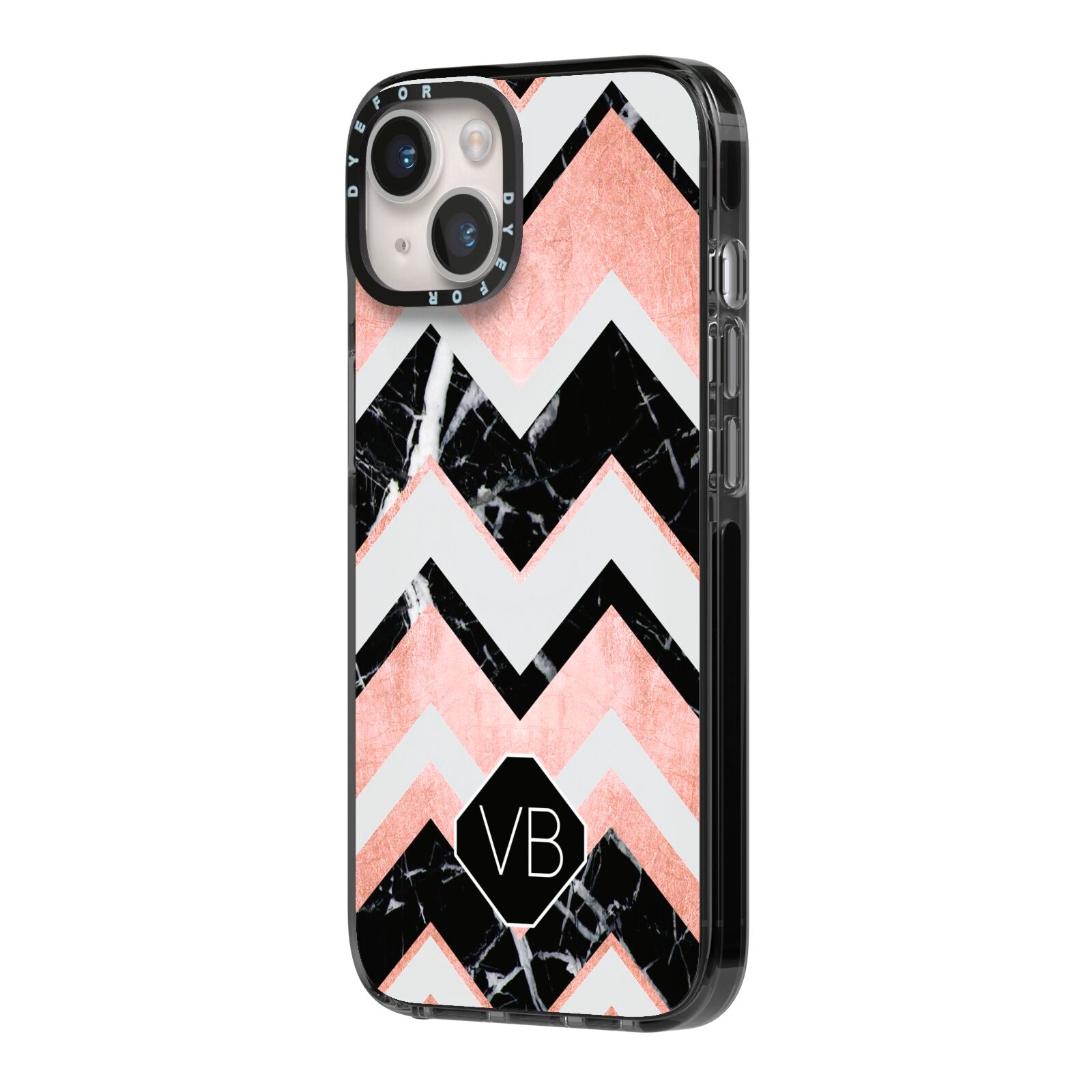 Personalised Chevron Marbled Initials iPhone 14 Black Impact Case Side Angle on Silver phone