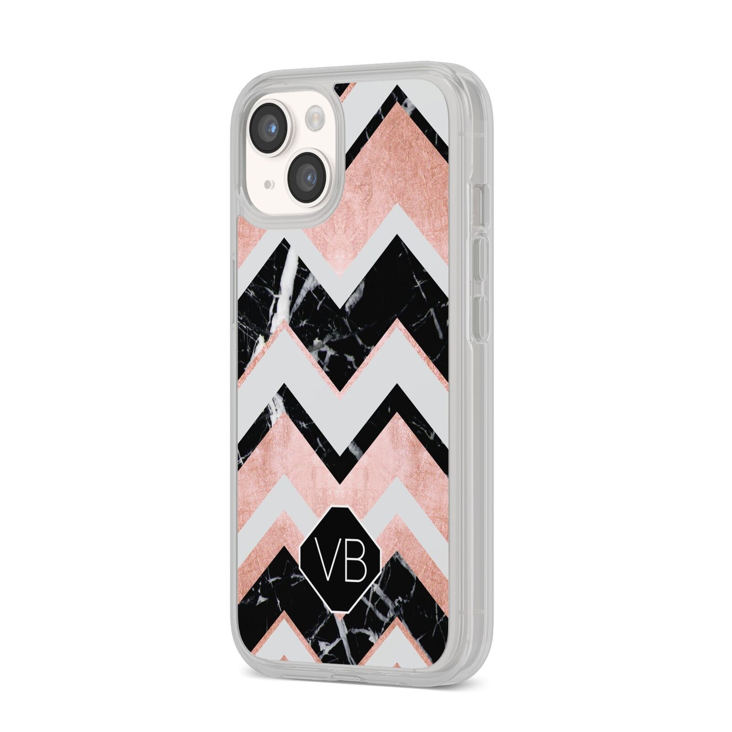 Personalised Chevron Marbled Initials iPhone 14 Clear Tough Case Starlight Angled Image