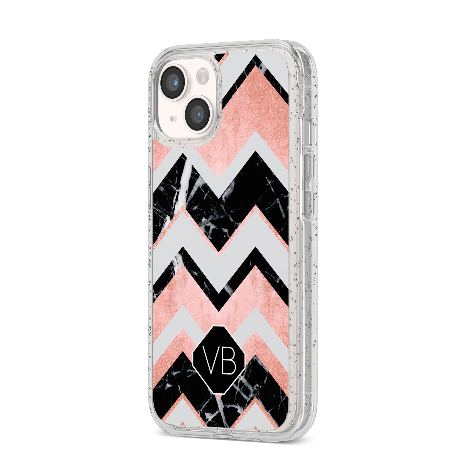 Personalised Chevron Marbled Initials iPhone 14 Glitter Tough Case Starlight Angled Image