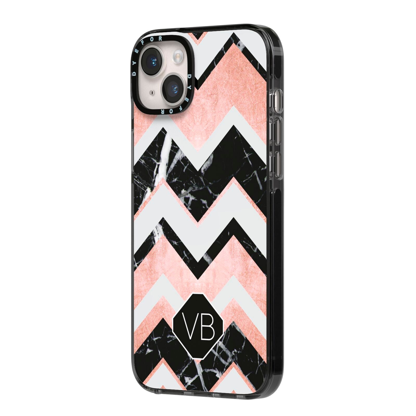 Personalised Chevron Marbled Initials iPhone 14 Plus Black Impact Case Side Angle on Silver phone