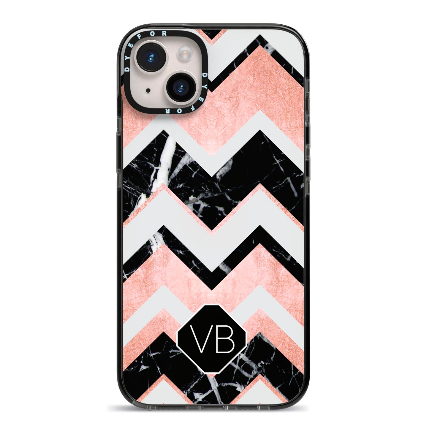 Personalised Chevron Marbled Initials iPhone 14 Plus Black Impact Case on Silver phone