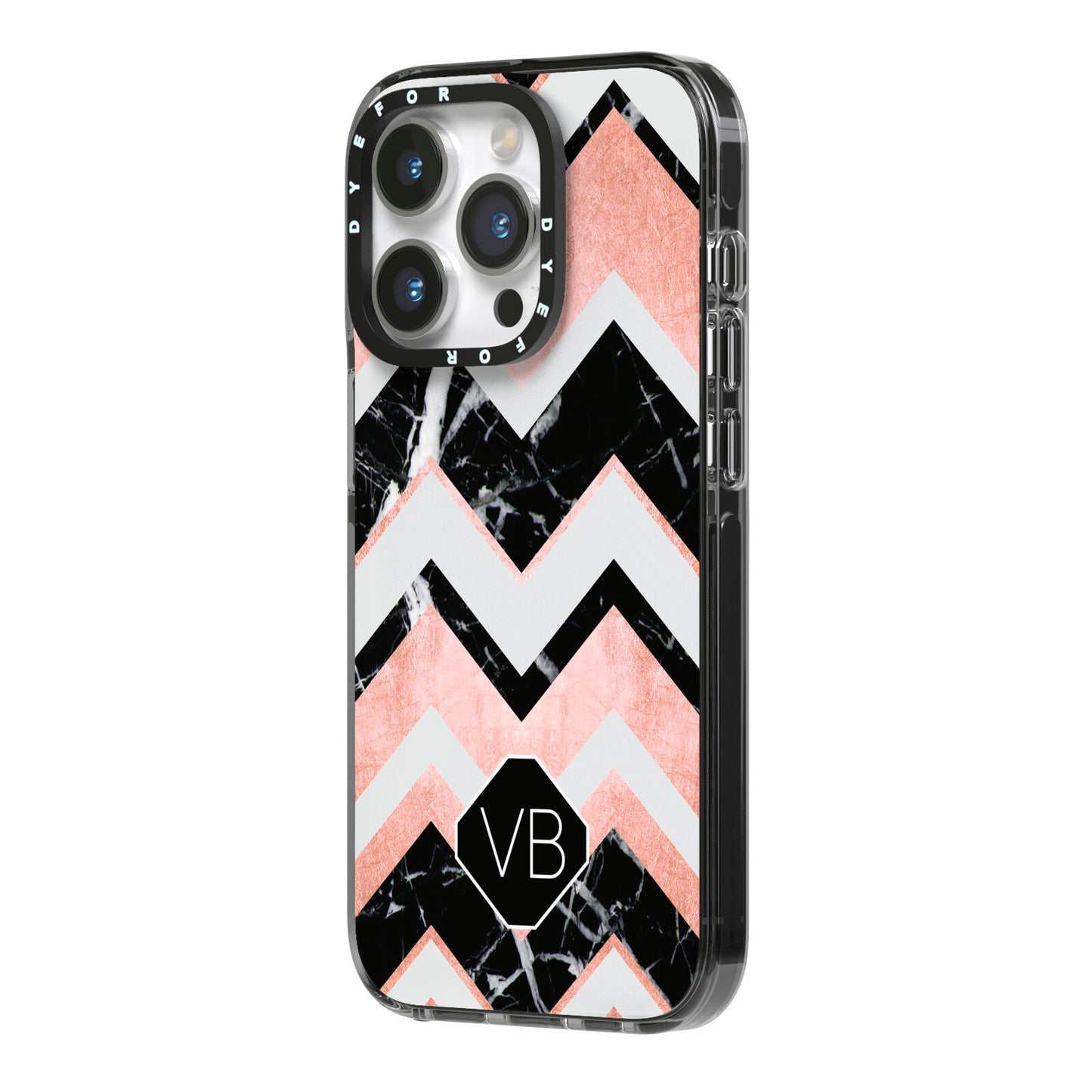 Personalised Chevron Marbled Initials iPhone 14 Pro Black Impact Case Side Angle on Silver phone