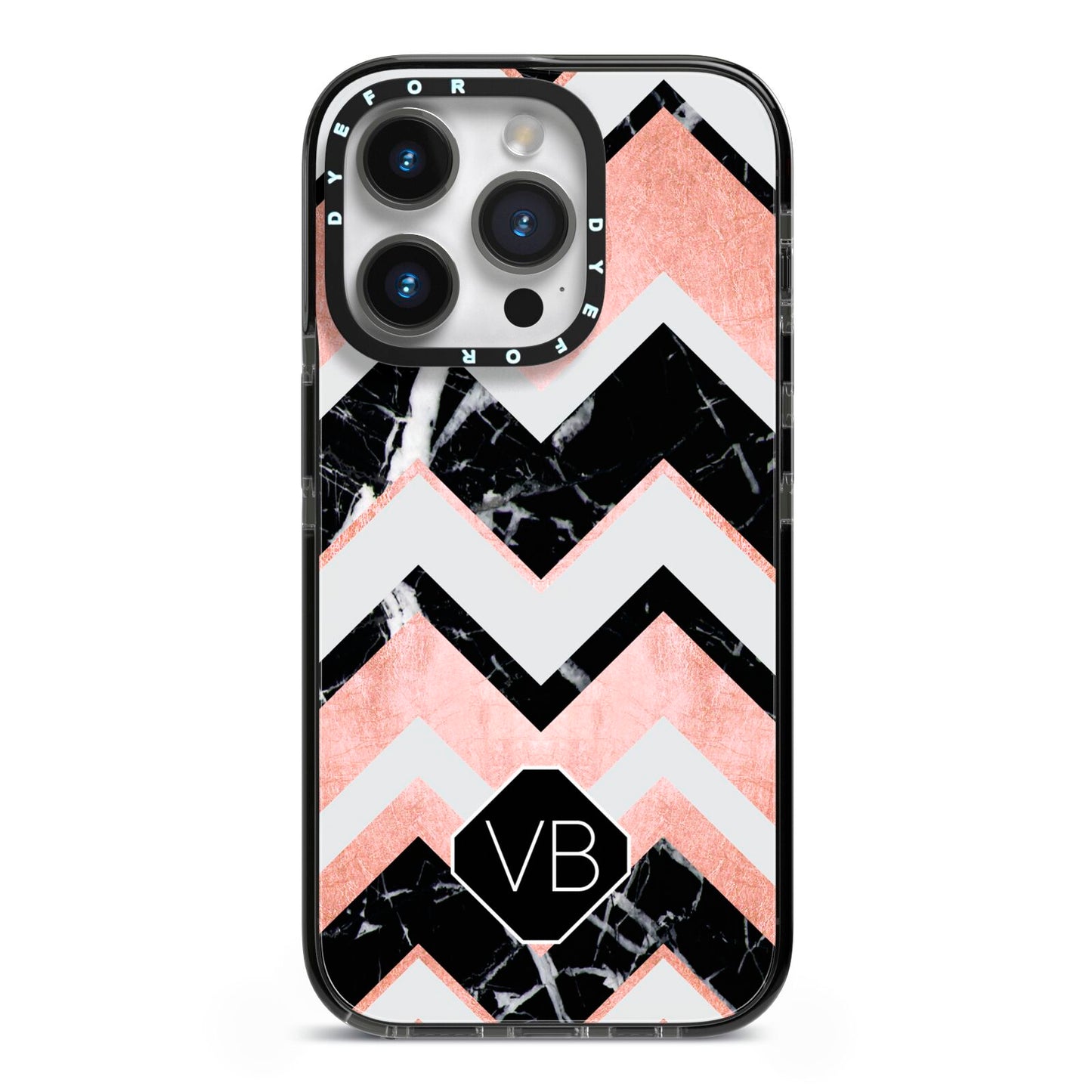 Personalised Chevron Marbled Initials iPhone 14 Pro Black Impact Case on Silver phone