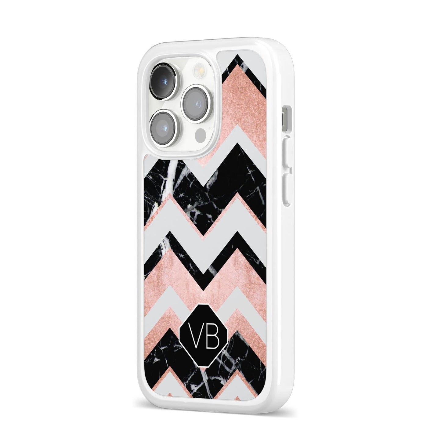 Personalised Chevron Marbled Initials iPhone 14 Pro Clear Tough Case Silver Angled Image