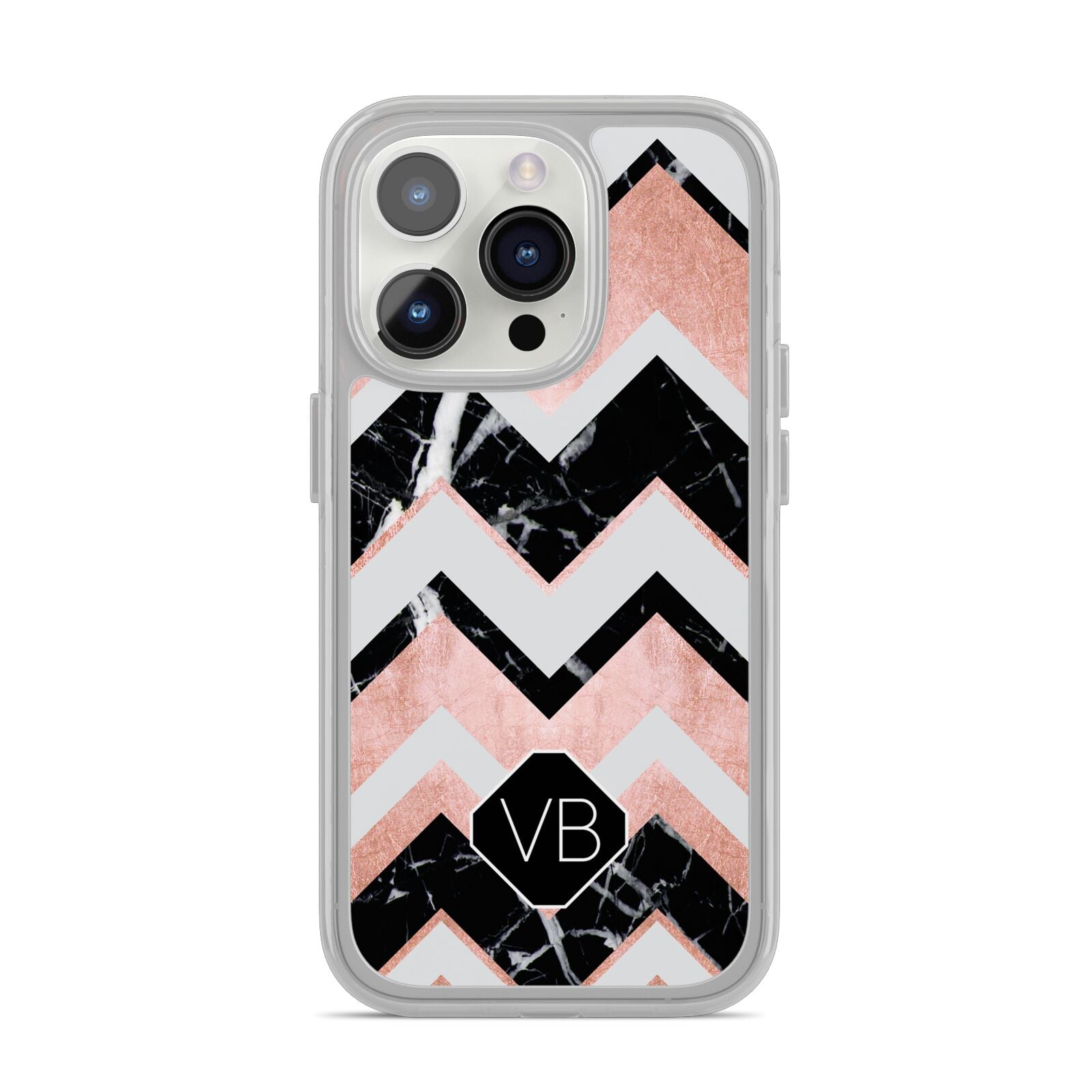 Personalised Chevron Marbled Initials iPhone 14 Pro Clear Tough Case Silver