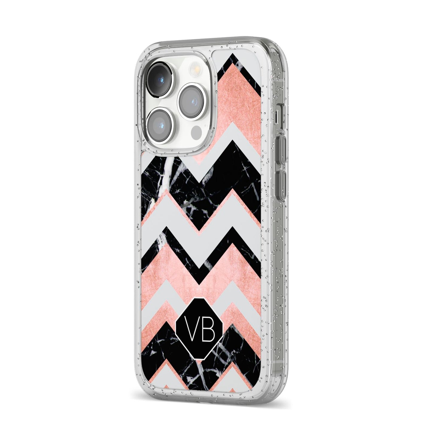 Personalised Chevron Marbled Initials iPhone 14 Pro Glitter Tough Case Silver Angled Image