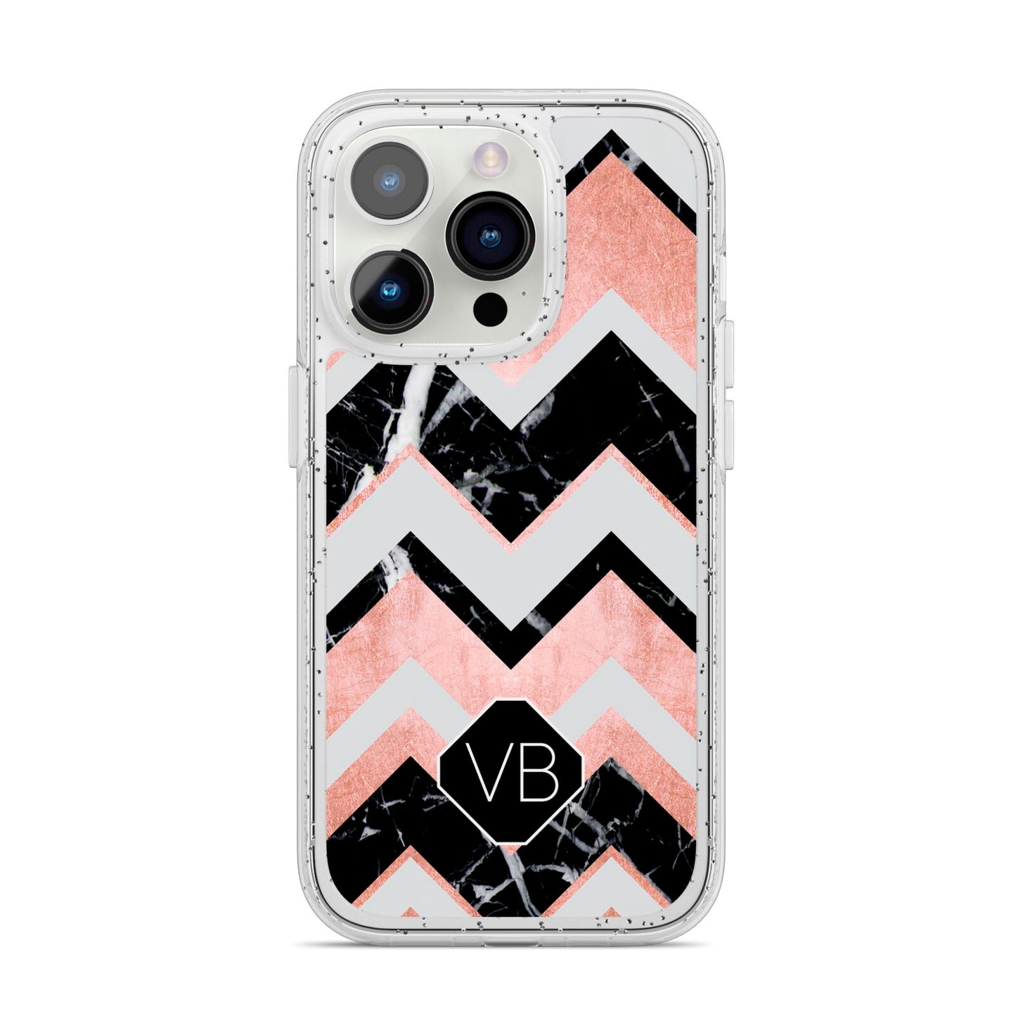 Personalised Chevron Marbled Initials iPhone 14 Pro Glitter Tough Case Silver