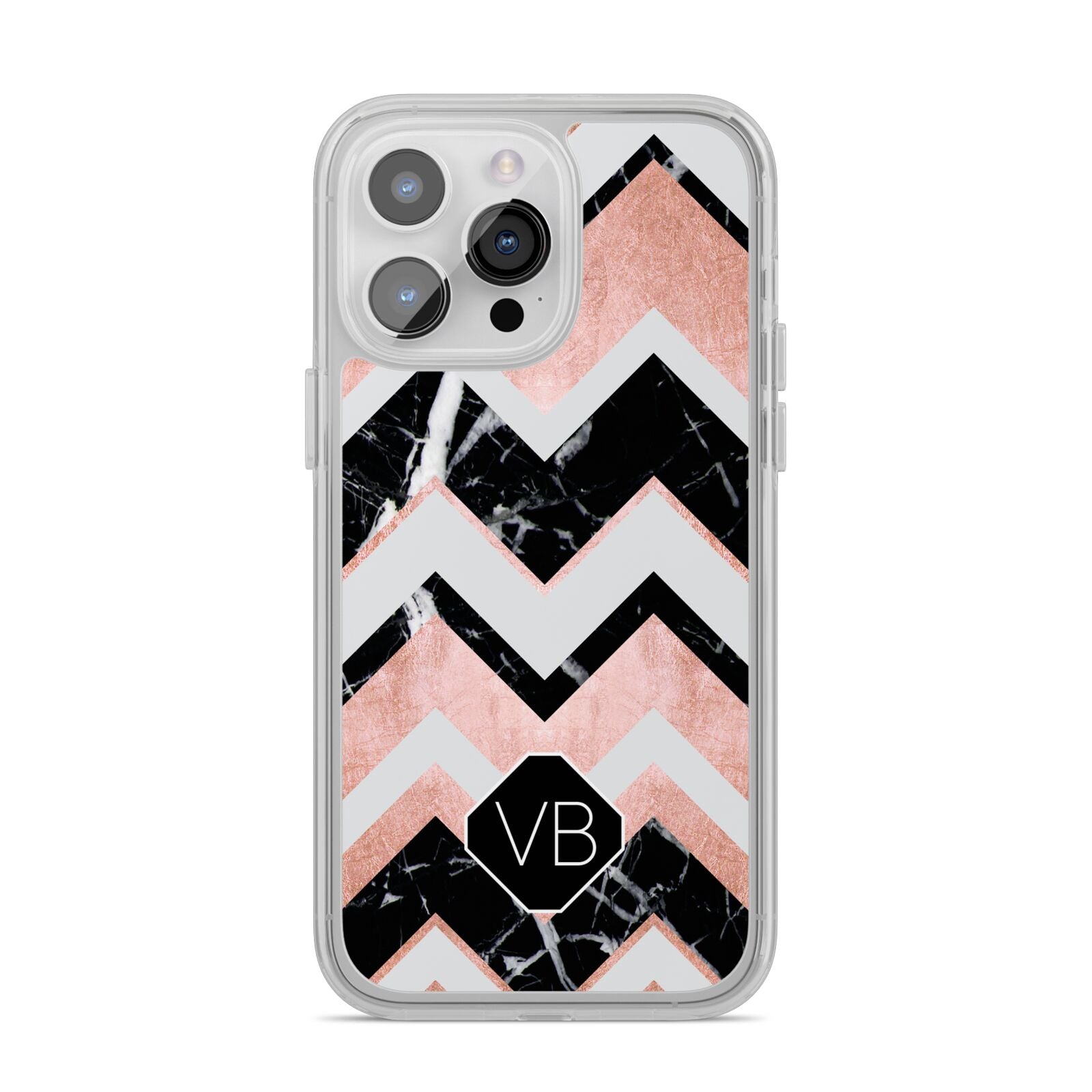 Personalised Chevron Marbled Initials iPhone 14 Pro Max Clear Tough Case Silver