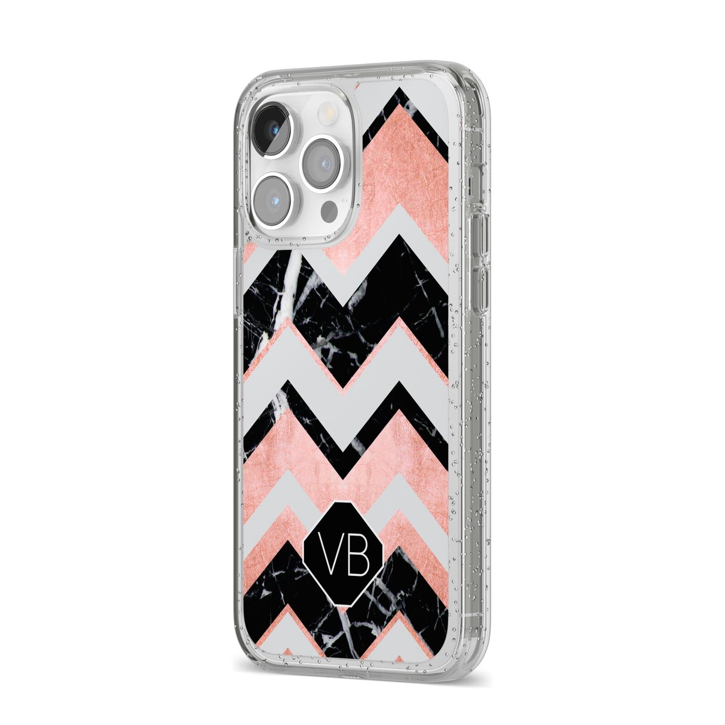 Personalised Chevron Marbled Initials iPhone 14 Pro Max Glitter Tough Case Silver Angled Image