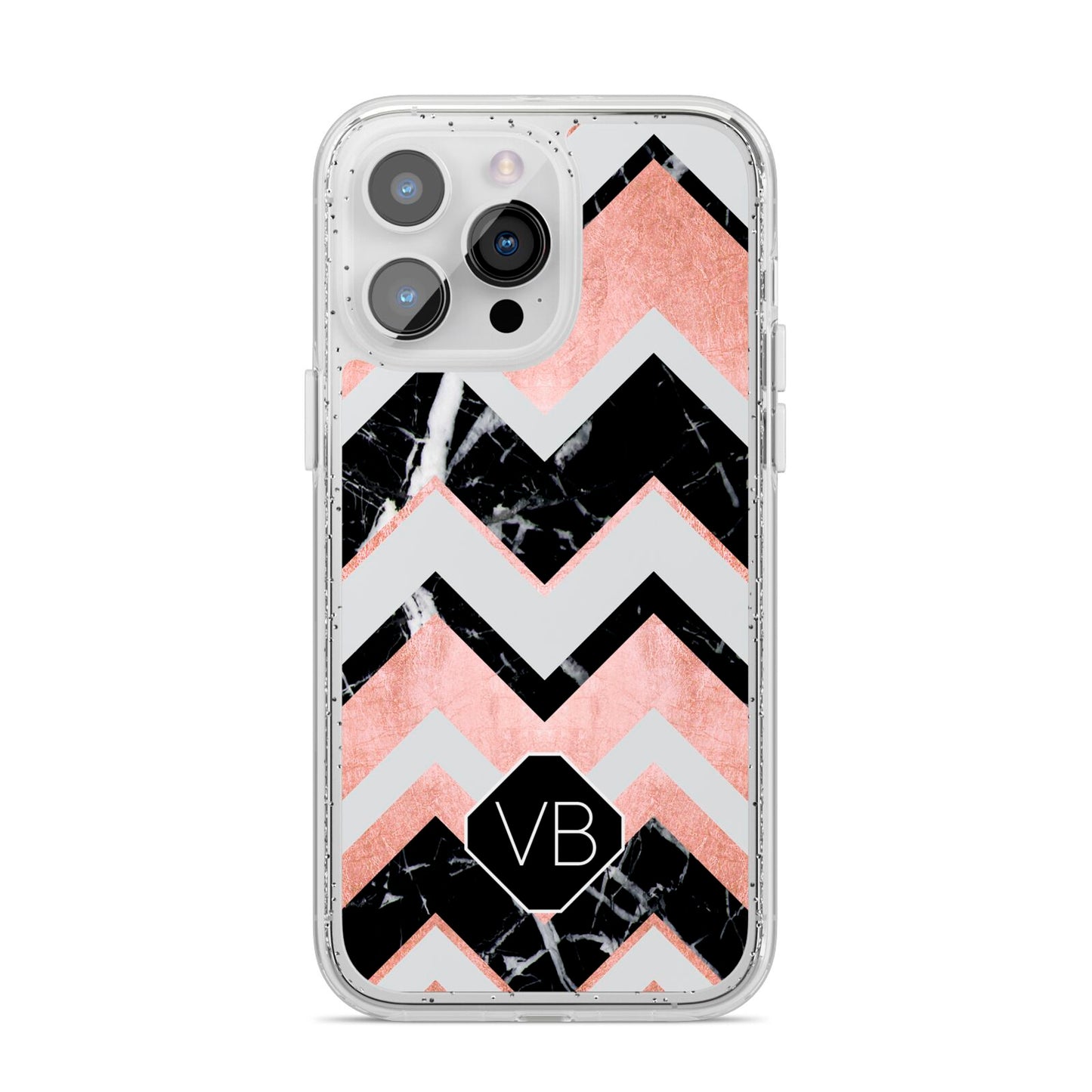 Personalised Chevron Marbled Initials iPhone 14 Pro Max Glitter Tough Case Silver