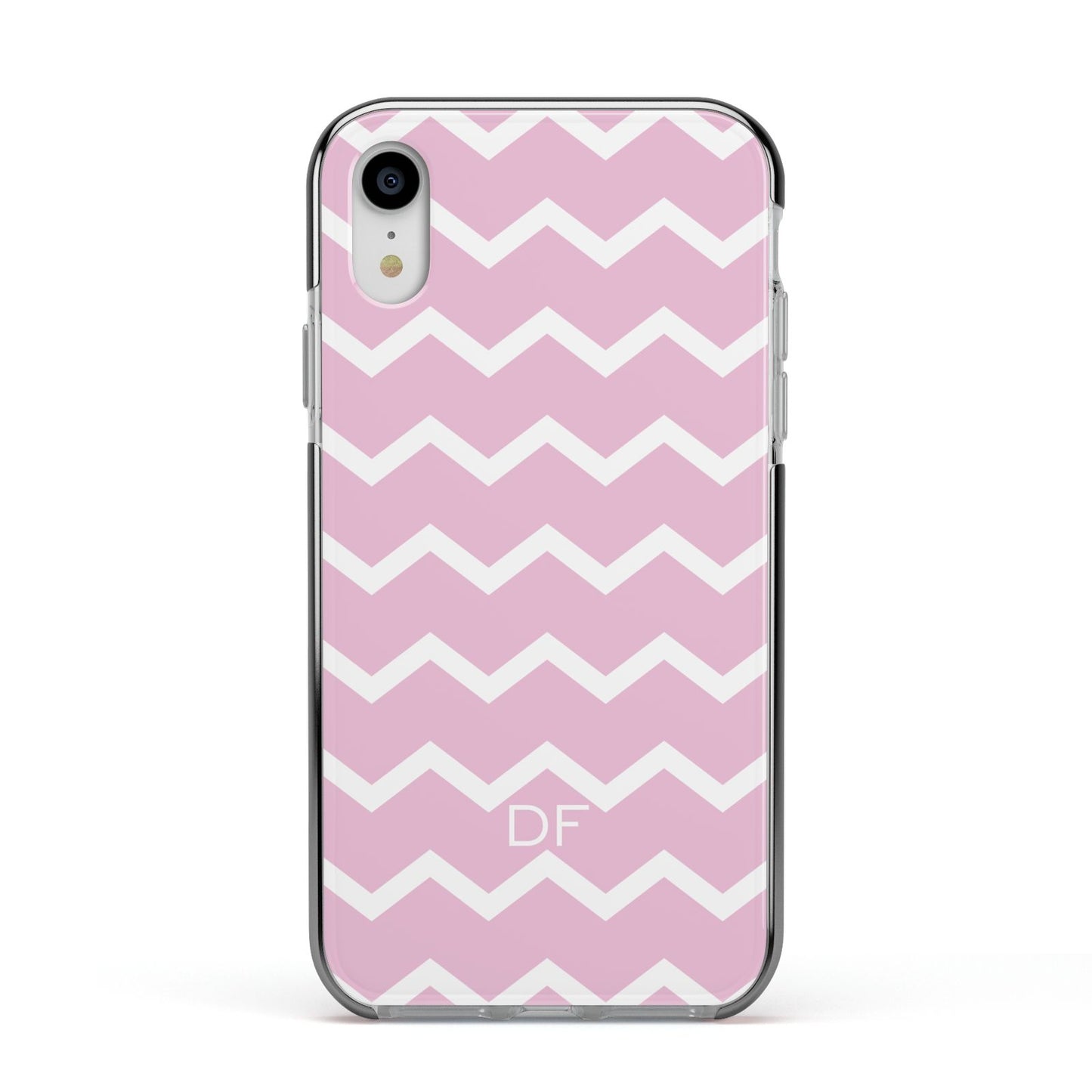 Personalised Chevron Pink Apple iPhone XR Impact Case Black Edge on Silver Phone