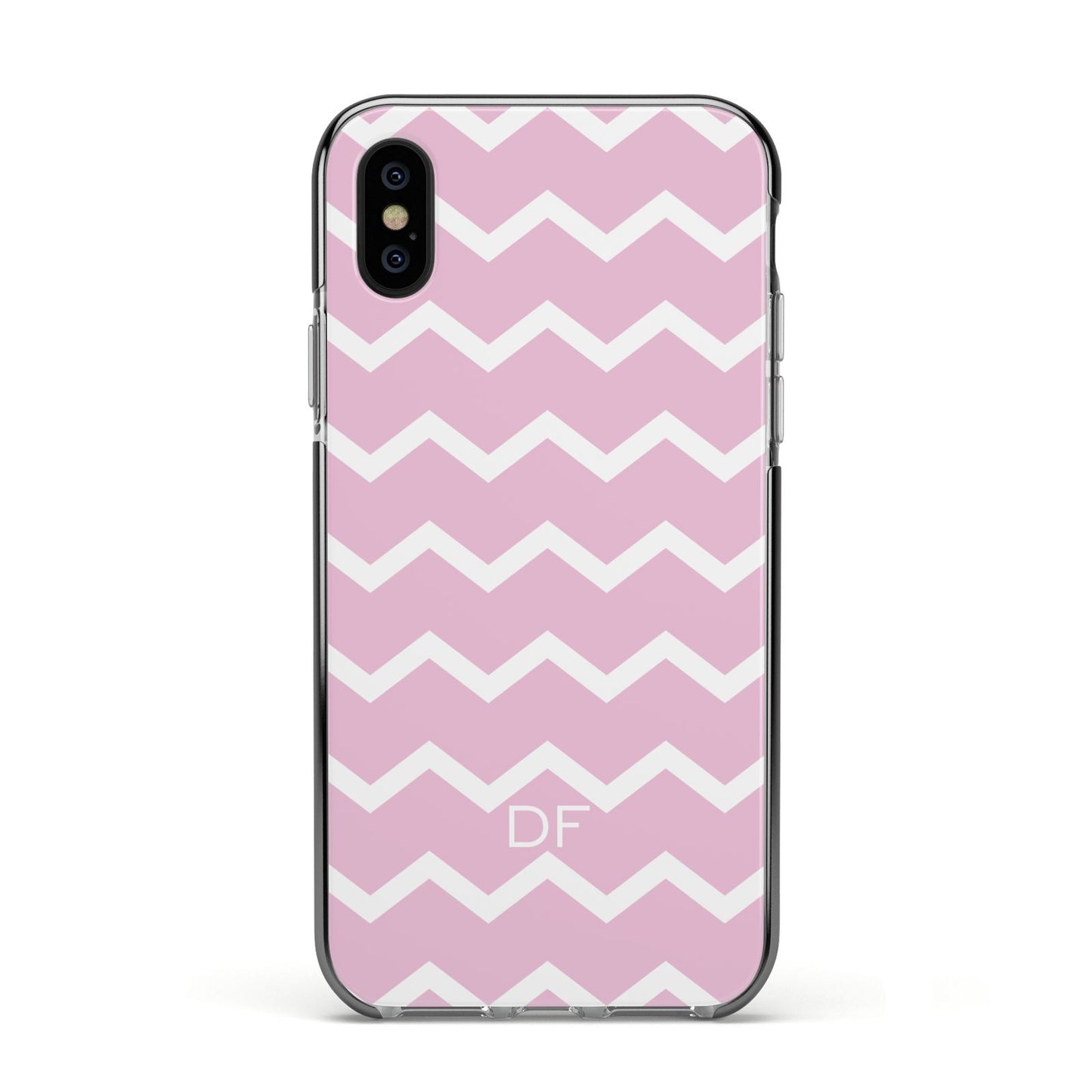 Personalised Chevron Pink Apple iPhone Xs Impact Case Black Edge on Black Phone